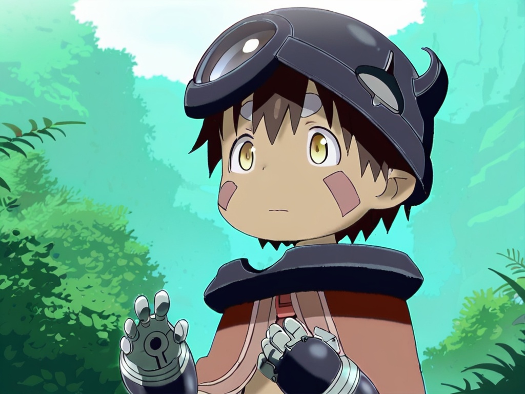 <lora:MIA_Nate+Reg_XL:1>,made in abyss,best quality,best detail,masterpiece,outdoors,nature,1boy,solo,toddler,male_child,cloak,dark skin,petite,yellow eyes,short hair,helmet,pointy ears,facial mark,mechanical arms,dark brown hair,perfect hands,(5fingers:1.3),correct anatomy,available light,huge filesize,