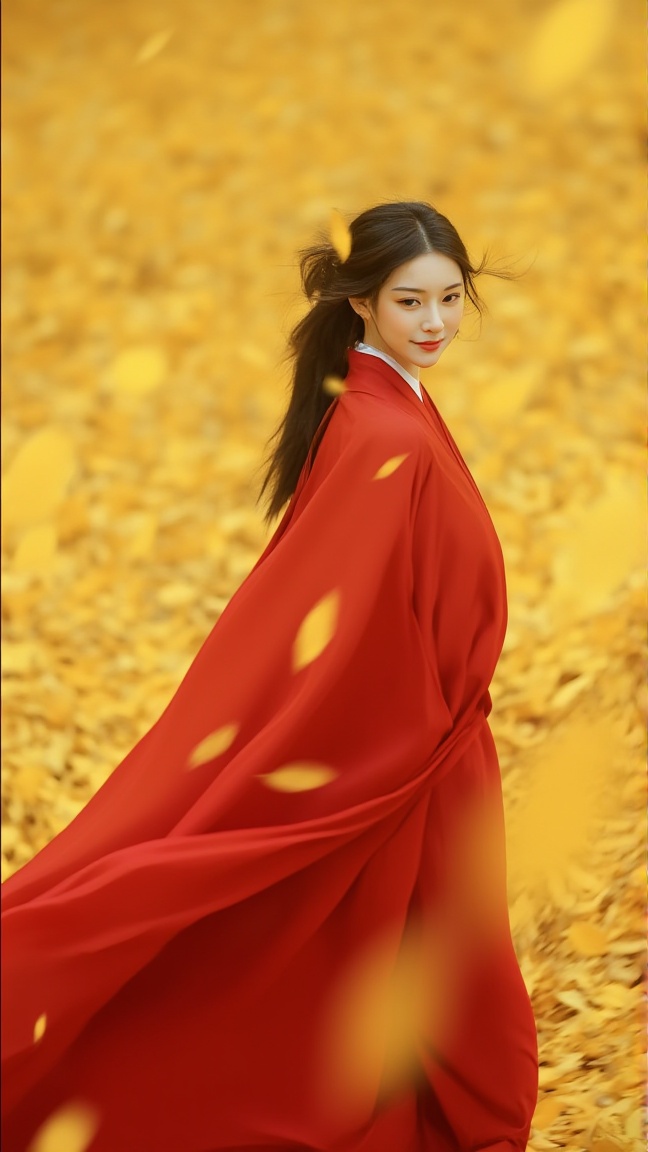 neomj,<lora:neomj古风v9_15:0.95>,A woman in a red robe,motion blur,with the background filled with a yellow bokeh and many yellow falling leaves.,
