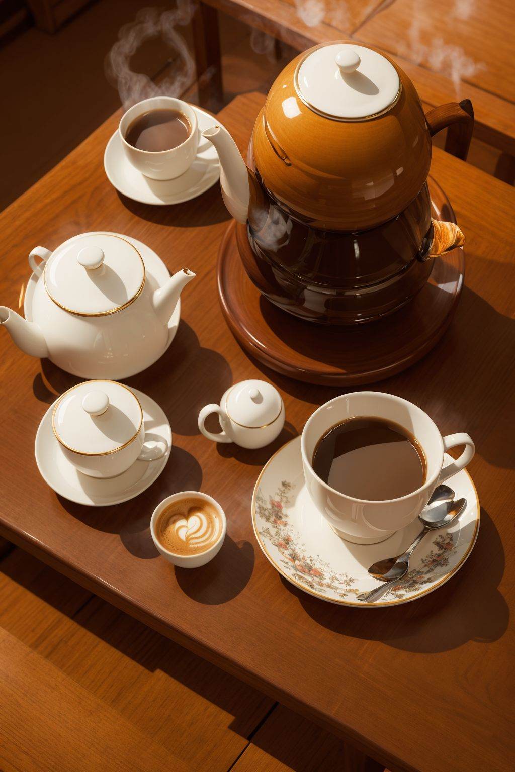 masterpiece,illustration,best quality,extremely detailed CG unity 8k wallpaper,coffee,food, cup, no humans, table, steam, plate, teacup, mug, realistic, teapot, saucer, coffee, food focus, still life,