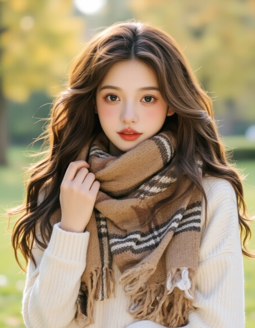 <lora:发丝发光:1>，The image is a portrait of a young woman with long, wavy brown hair. She is wearing a white sweater and a plaid scarf around her neck. Her hair is styled in loose waves and falls over her shoulders. She has a serious expression on her face and is looking directly at the camera. The background is blurred, but it appears to be a park or garden with trees and grass. The lighting is soft and warm, creating a cozy and autumnal atmosphere.