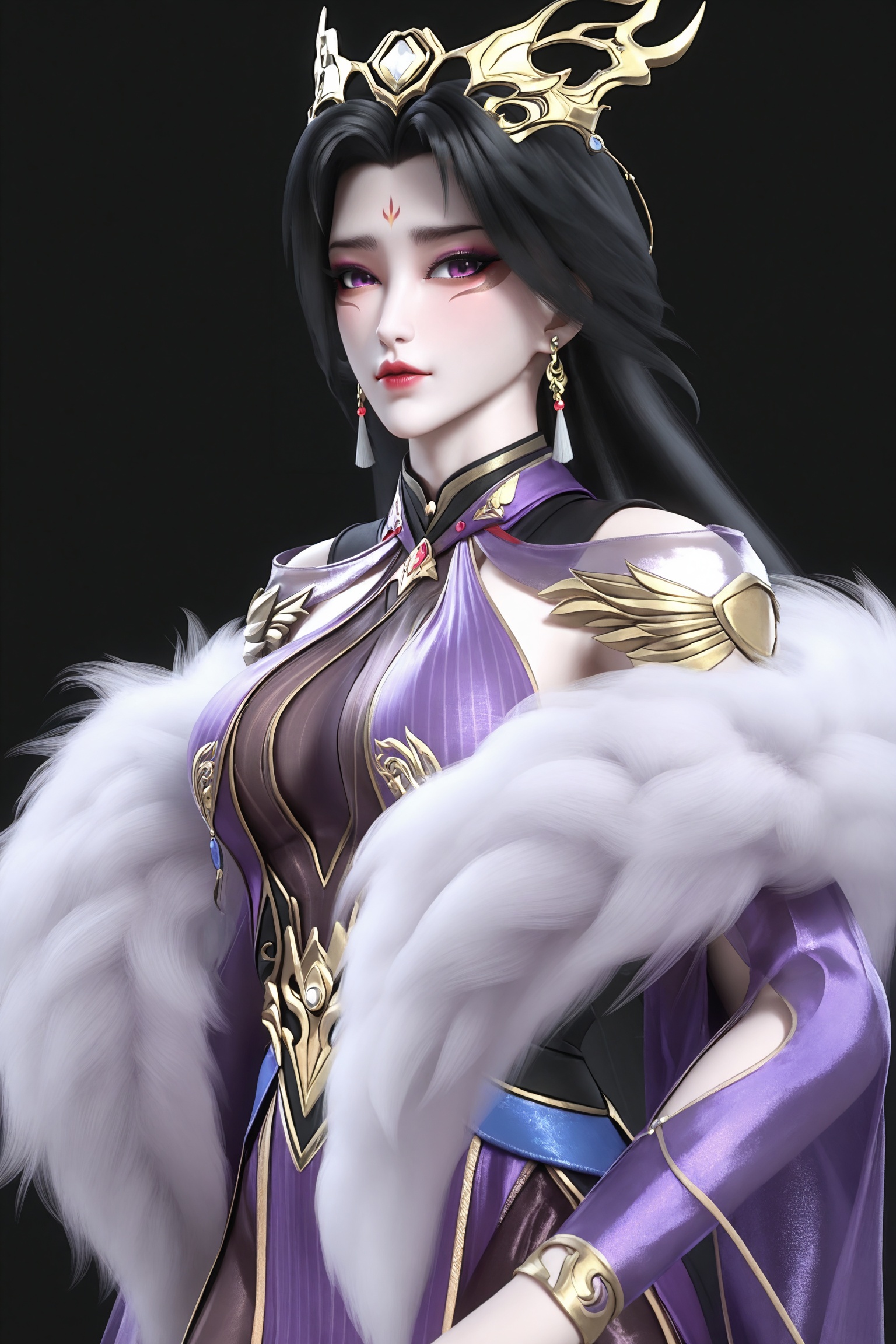 black background,standing,looking at viewer,1girl,sml\(blcs\),long hair,black hair,jewelry,hair ornament,earrings,forehead mark,purple dress,feather boa,long sleeves,