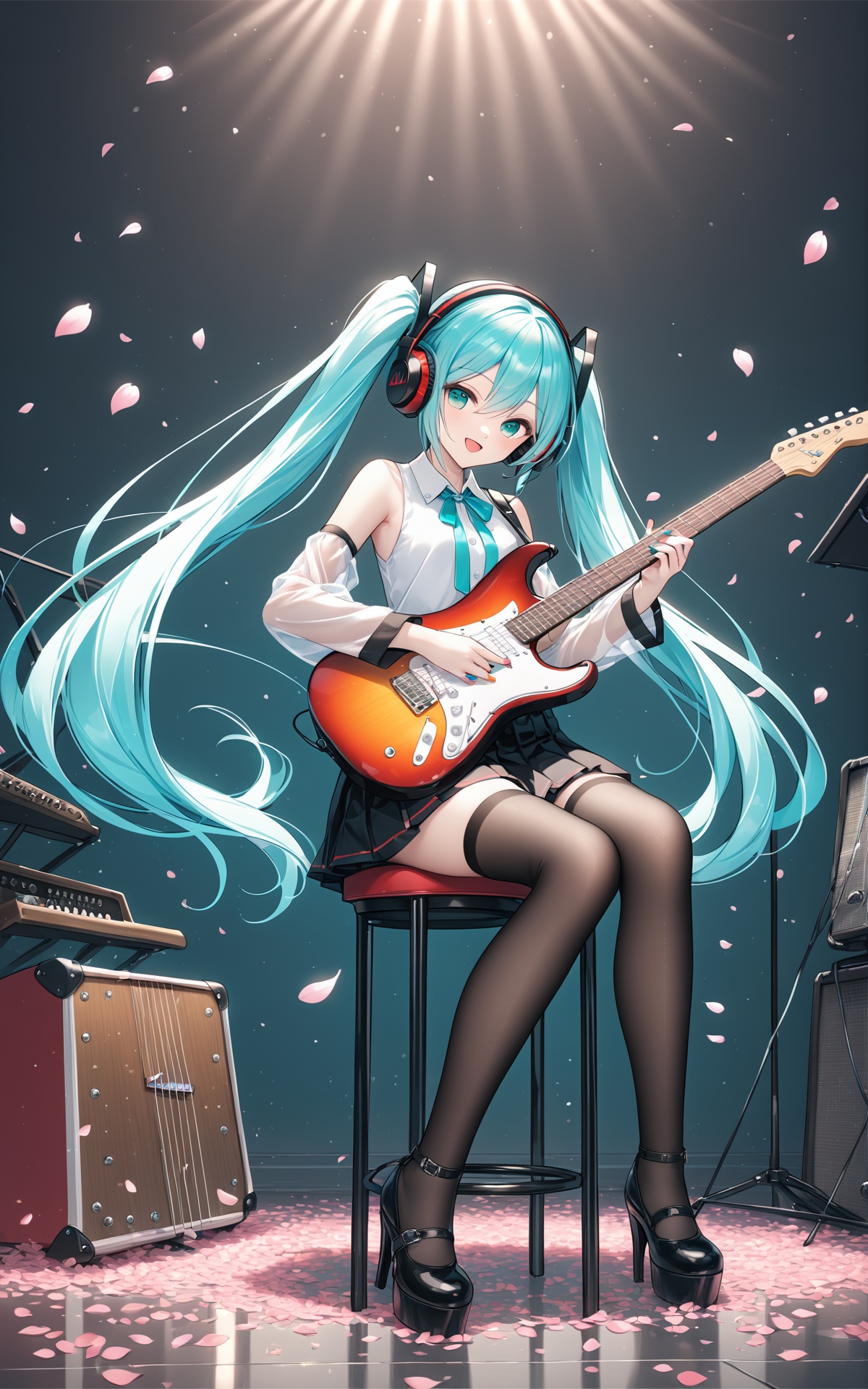 (masterpiece), (best quality), illustration, ultra detailed, hdr, Depth of field, (colorful), 1girl, instrument, solo, long hair, hatsune miku, skirt, thighhighs, twintails, shirt, very long hair, detached sleeves, sitting, neck ribbon, black skirt, headphones, white shirt, ribbon, high heels, playing instrument, sleeveless shirt, aqua ribbon, pleated skirt, miniskirt, guitar, black thighhighs, holding, music, full body, sleeveless, holding instrument, aqua hair, see-through, black footwear, petals, layered sleeves, see-through sleeves, zettai ryouiki, open mouth, bare shoulders, hair between eyes, stool, black sleeves, looking at viewer, long sleeves, aqua eyes, hair ornament, nail polish, collared shirt, white sleeves, electric guitar, see-through legwear, smile