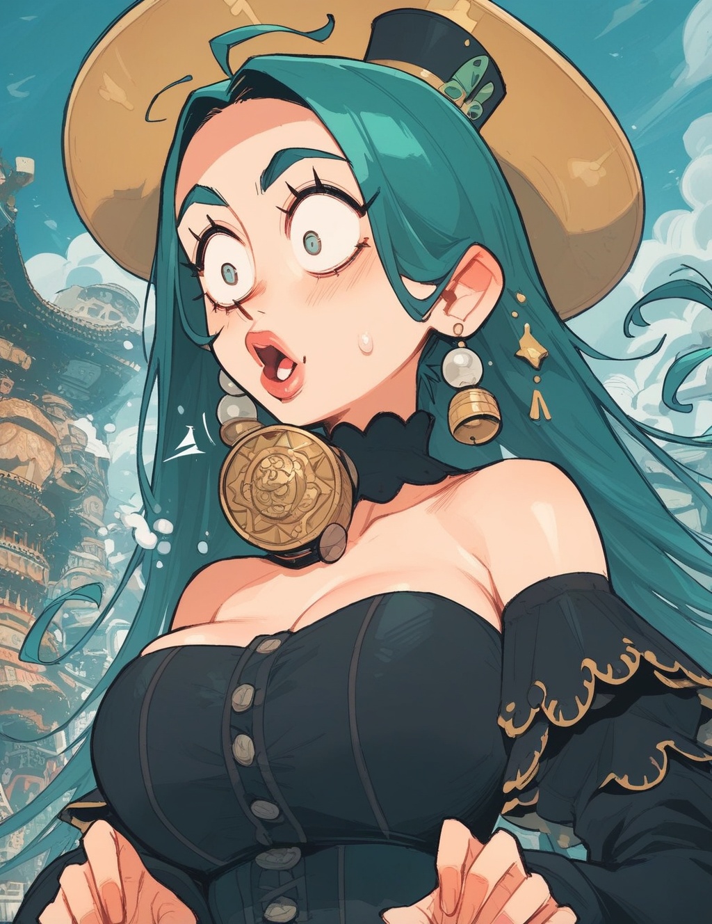 cute surprised MILF in the tallest fuzzy tophat,  absurd clothes,  the 90's[: on Tensor.Art