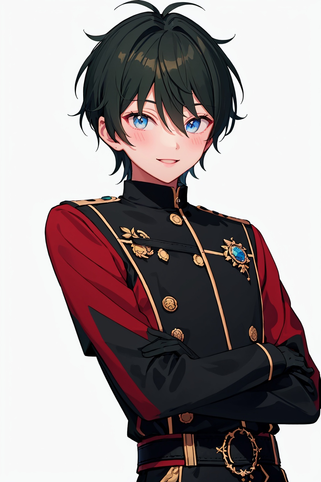 masterpiece,best quality, highly detailed, 1boy,kagehira mika,male focus,solo,looking at viewer,long sleeves,smile,white background,black gloves,simple background,blush,<lora:kagehira_mika:1>