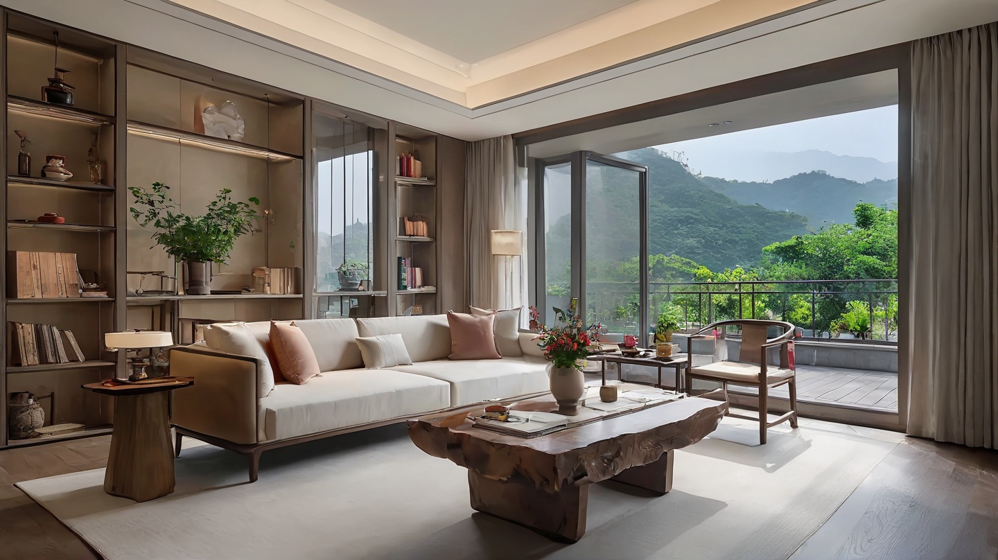 xinzhongshi,<lora:xinzhongshi XL1.0:0.8>,, no humans,window,table,couch,indoors,chair,wooden floor,vase,cup,lamp,potted plant,book,flower,shelf,plant,masterpiece,8K,reality,day,incredibly absurdres,huge filesize,
