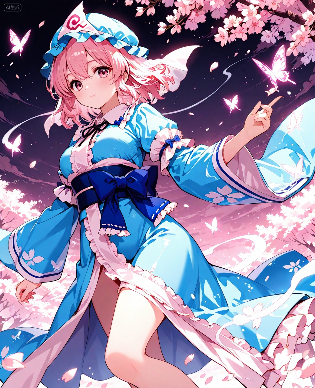 O,1girl, saigyouji yuyuko, solo, pink hair, hat, triangular headpiece, mob cap, japanese clothes, pink eyes, kimono, long sleeves, blue headwear, blue kimono, short hair, frills, wide sleeves, looking at viewer, hitodama, hair between eyes, cherry blossoms, bow, sash, breasts, bangs, blue bow, frilled kimono, butterfly, petals, bug, medium breasts, ghost, Negative prompt: ((nsfw)),sketches,tattoo,(beard:1.3),(EasyNegative:1.3),badhandv4,(Teeth:1.3),(worst quality:2),(low quality:2),(normal quality:2),lowers,normal quality,facing away,looking away,text,error,extradigit,fewerdigits,cropped,jpegartifacts,signature,watermark,username,blurry,skinspots,acnes,skinblemishes,badanatomy,fat,bad feet,cropped,poorly drawn hands,poorly drawn face,mutation,deformed,tilted head.bad anatomy.bad hands,extra fingers,fewer digits.,extra limbs.extra arms,extra legs,malformed limbs.fused fingers.,too many fingers,long neck,cross-eyed,mutated hands,bad body,bad proportions,gross proportions,text,error,missing fingers,missing arms,missing legs,extra digit,extra arms,extra leg,extra foot,missing fingers,nsfw,,nsfw, Steps: 25, Sampler: DPM++ 2M Karras, CFG scale: 7.0, Image CFG scale: 1.5, Seed: 2784143384, Size: 1040x1280, Model hash: 9fefdb2c24, Model: 我大多数_1.0.safetensors, Denoising strength: 0.4, Clip skip: 2, RNG: CPU, Mask blur: 4, Lora 1: 动漫二次元眼睛刻画（基础XL）, Lora Hash 1: 488bf17588, Lora Weight 1: 0.8, Lora 2: 二次元厚涂风格模型, Lora Hash 2: 571eba0c12, Lora Weight 2: 0.6, Lora 3: 二次元动漫细节加强, Lora Hash 3: 600d97257e, Lora Weight 3: 0.3, Lora 4: Xian-T手部修复lora（不用controlnet也不坏手了）, Lora Hash 4: 4ec9e988a2, Lora Weight 4: 1.0, Lora 5: 润光A, Lora Hash 5: 93bf4ab238, Lora Weight 5: 0.2, vae_name: automatic