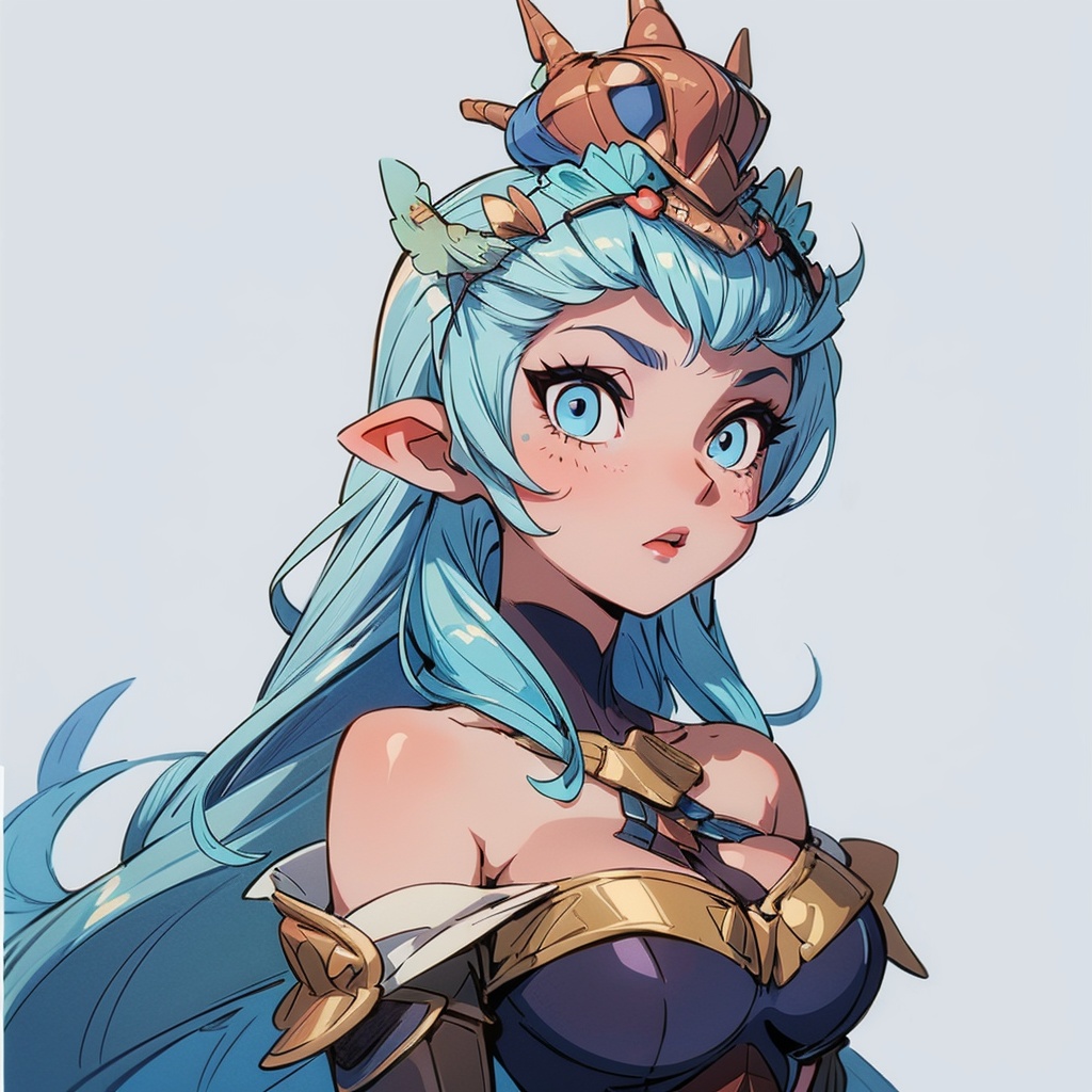 masterpiece,best quality,illustration,anime,simple gray background,1girl,solo,blue eyes,long hair,blue hair,lips,tiara,parted lips,breasts,dress,bare shoulders,armor,crown,<lora:add_detail:1>,<lora:_20240307205553:0.7>,