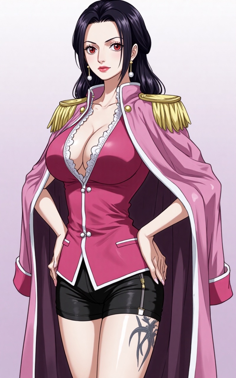 baoshi,lvjing,zhiyuan,zhiyuan,red eyes,mole under mouth,black hair,lipstick,long hair,pearl earrings,1girl,breasts,solo,tattoo,black hair,epaulettes,hands on own hips,cleavage,shorts,large breasts,earrings,jewelry,long hair,brown eyes,lipstick,makeup,black shorts,short shorts,looking at viewer,nico robin,2,cover,simple background,gradient background,close-up details,outstanding style,adding a touch of dimension to your images without compromising details,close-up,lvjing,