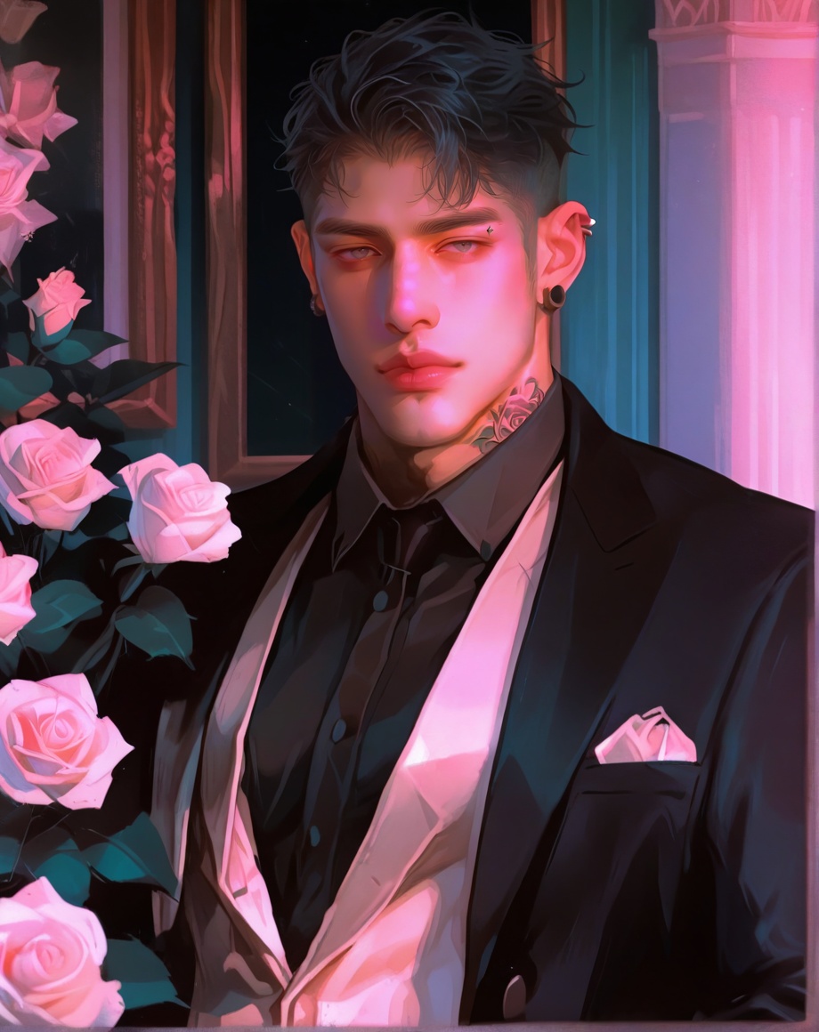 male focus, solo, mature, solo, looking at viewer, short hair, shirt, short hair, gelled hair, black hair, 1boy, jewelry, closed mouth, jacket, upper body, flower, male focus, earrings, collared shirt, indoors, blurry, lips, black jacket, black shirt, standing. tattoo, buttons, rose, piercing, formal, suit, white flower, ear piercing, white rose, neck tattoo<lora:BurntSugar:1>