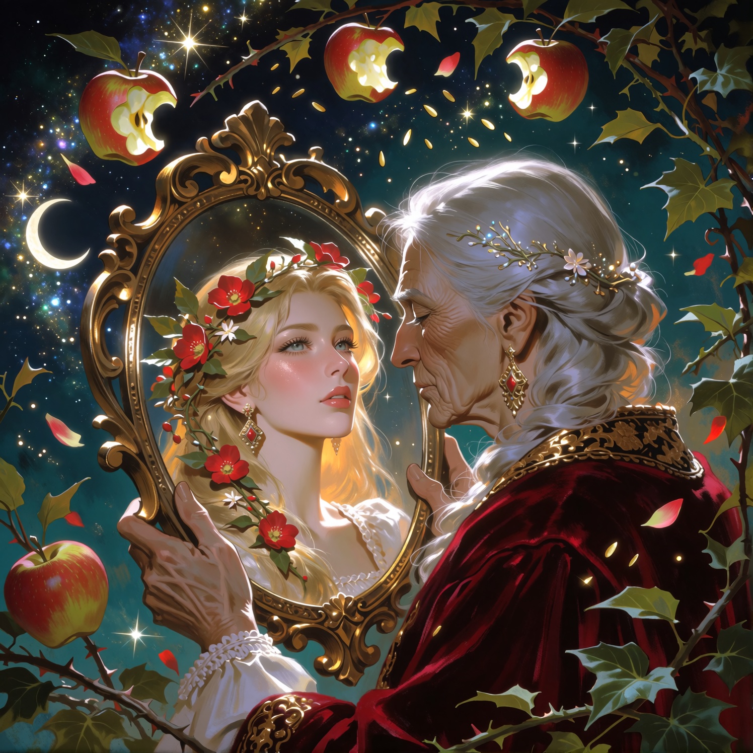 An enchanted,  surreal scene: an elderly figure with flowing silver hair and a crimson velvet robe holds a gilded,  ornate...