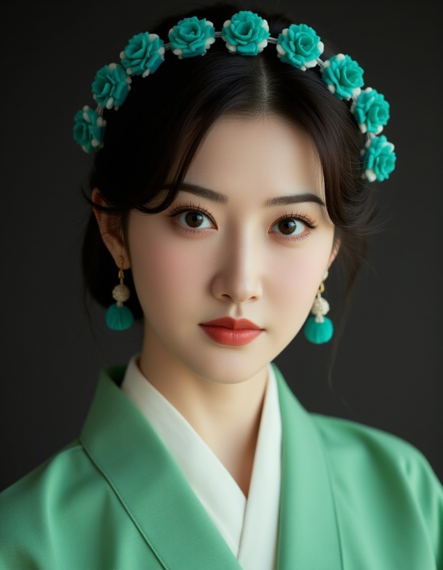 Captured at eye-level,a close-up shot of a young Asian woman,dressed in a green kimono,adorned with a white necklace and earrings. Her hair is styled in a low bun,and she's wearing a headband adorned with blue flowers. The background is blurred,creating a stark contrast to the woman's outfit. The woman's hair is dark,adding a touch of greenery to the scene.,