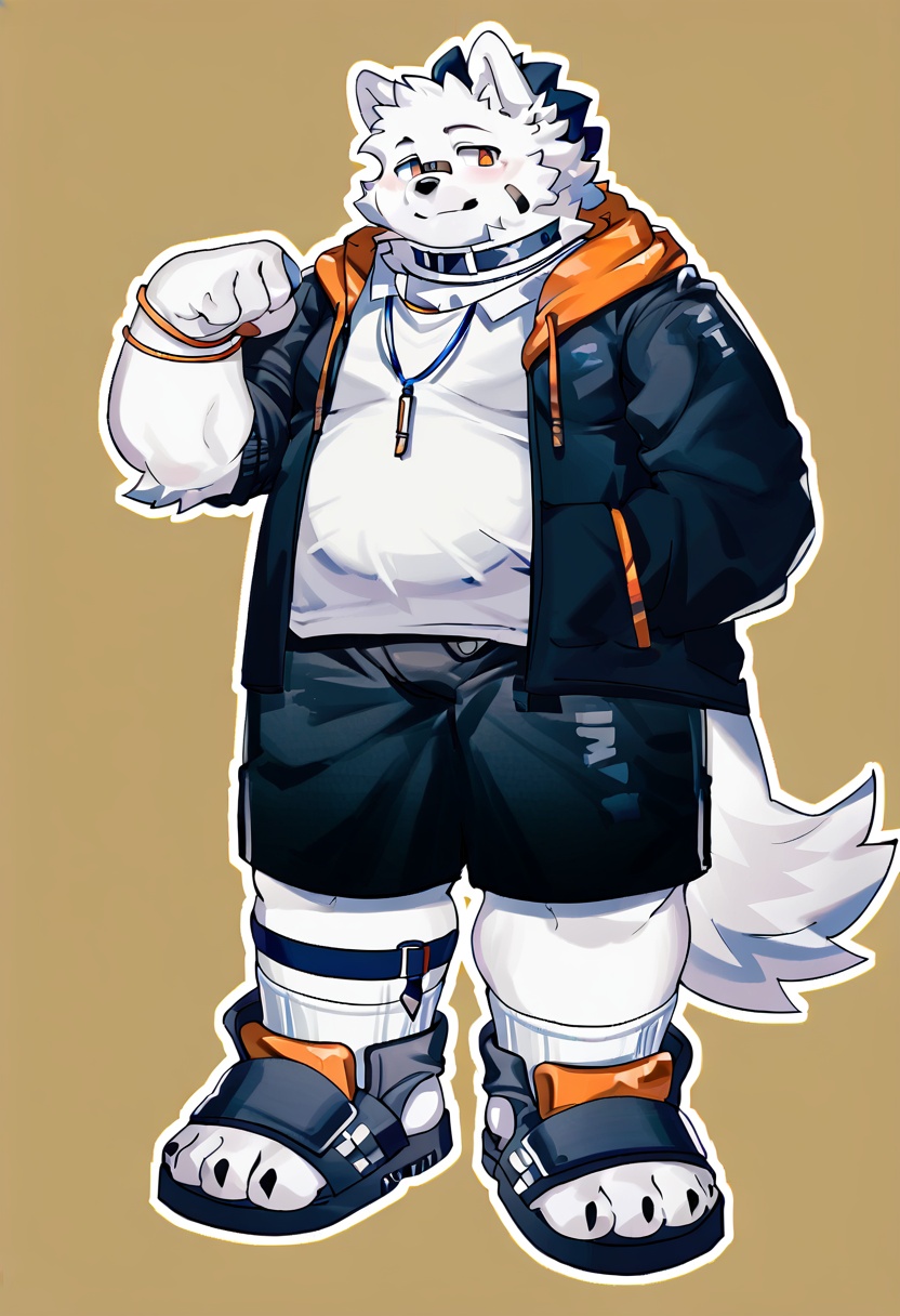 <lora:KUROTERO style(noob):1>KUROTERO style, furry male, male focus, 1boy, dog boy, furry, white fur, full body, bara, plump, animal ears, bandaid on face, hand in pocket, solo, shorts, bandaid, transparent background, bandaid on nose, smile, hood, belly, jewelry, black shorts, tail, dog ears, shirt, flexing, toeless footwear, bracelet, animal nose, necklace, orange eyes, looking at viewer, collar, sandals, standing, dog tail, hoodie, thick eyebrows, pawpads, two-tone fur, socks