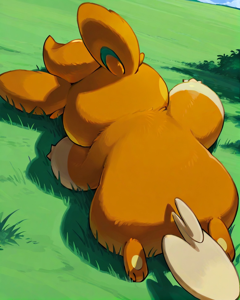 Masterpiece,high quality,full body,pokemon \(creature)\,solo,no humans,pawmi,no humans,pokemon \(creature\),solo,outdoors,day,sky,brown eyes,score_9,score_8 up,sleeping,<lora:pawmi XL:0.8>,on back,back,orange fur,
