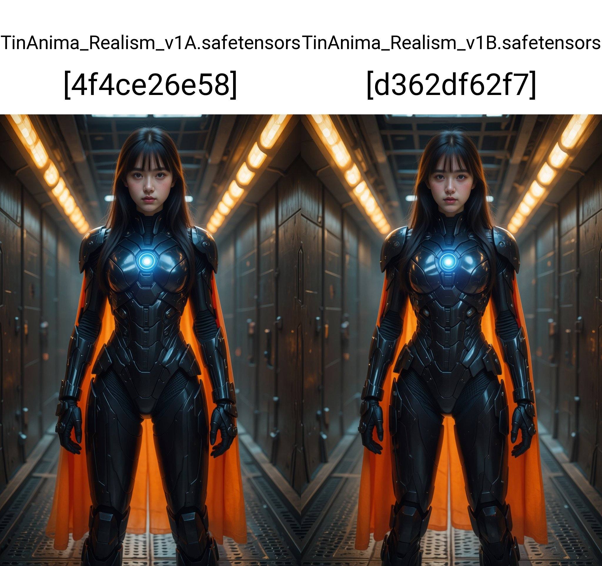 A young Asian woman,  estimated to be in her early twenties,  stands centered in a futuristic industrial setting. She wear...