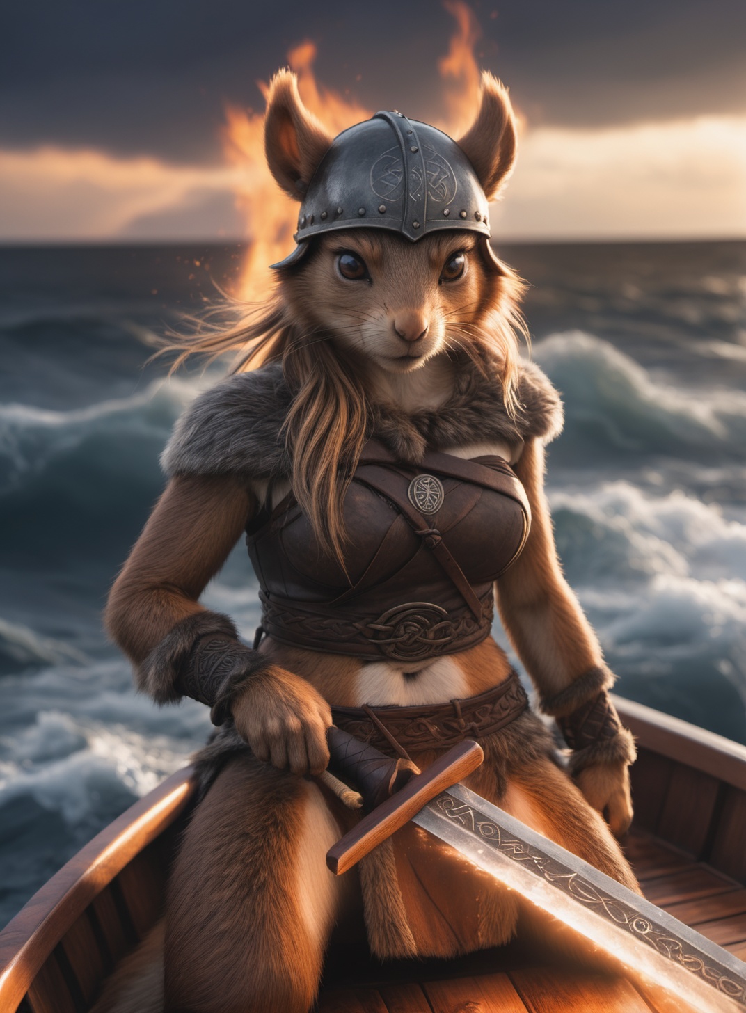 Closeup photo of an anthro viking squirrel female on his boat ,  epic pose,  natural light on Tensor.Art