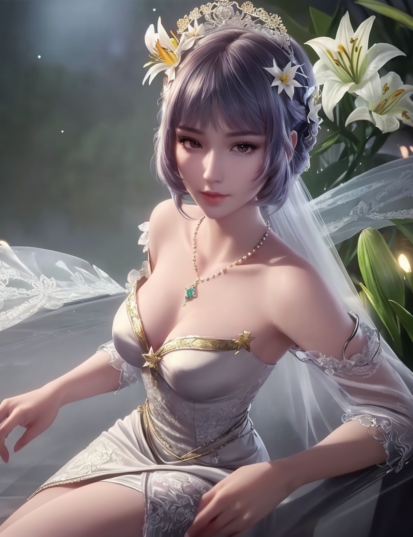 ultra realistic 8k cg, picture-perfect face, flawless, clean, masterpiece, professional artwork, famous artwork, cinematic lighting, cinematic bloom, perfect face, beautiful face, fantasy, dreamlike, unreal, science fiction,   lace, lace trim, lace-trimmed legwear,  (rich:1.4), prestige, luxury, jewelry, diamond, gold, pearl, gem, sapphire, ruby, emerald, intricate detail, delicate pattern, charming, alluring, seductive, erotic, enchanting, hair ornament, necklace, earrings, bracelet, armlet,halo((,1girl, pov,))  ((, 1girl, solo, star_\(symbol\),lily \(flower\),hair flower, dress, jewelry))<lora:DA_BaiChenXiang:0.6>