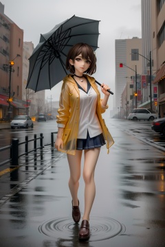 ((HRD, HUD, 8K)),((masterpiece, best quality)), highly detailed,1girl, solo, short hair, brown eyes, raincoat, city, rain, holding umbrella, looking at viewer,