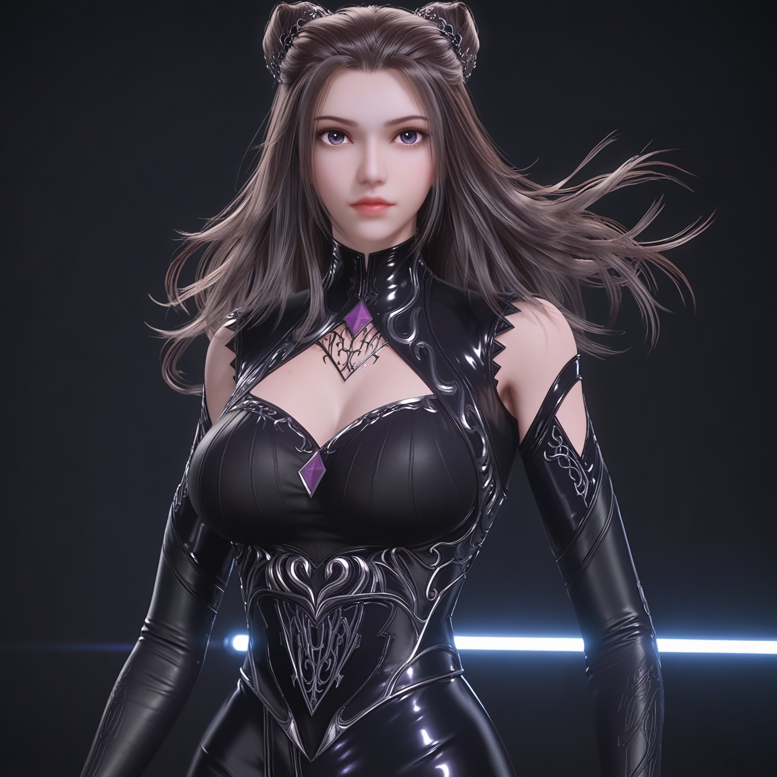 1girl,solo,<lora:ponyzhuzhuqingV2:0.8>,long_hair,hair_bun,black_hair,detached_sleeves,clothing_cutout,cleavage_cutout,purple_eyes,brown_hair,elbow_gloves,jewelry,bodysuit,(black leather pants:1.1),hair_ornament,high_heels,black_footwear,black_dress,BREAK score_9,upper_body,portrait,shiny_skin,looking at viewer,cinematic lighting,volumetric lighting,solo focus,(huge breasts:0.9),(simple background,pure black background,black background:1.1),