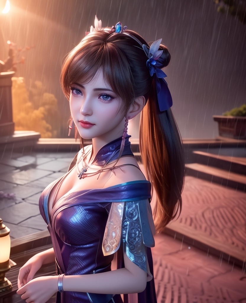 <lora:561-DA-炼气十万年-孔炎:0.8>(,1girl, ,best quality, ),looking at viewer,  ,,ultra detailed 8k cg, ultra detailed background ,ultra realistic 8k cg,          cinematic lighting, cinematic bloom, (( , )),,  , unreal, science fiction,  luxury, jewelry, diamond, pearl, gem, sapphire, ruby, emerald, intricate detail, delicate pattern, charming, alluring, seductive, erotic, enchanting, hair ornament, necklace, earrings, bracelet, armlet,halo,masterpiece, (( , )),, realistic,science fiction,mole,   ,cherry blossoms,,(((Best quality, masterpiece, ultra high res, (photorealistic:1.4), raw photo, 1girl, ,rain, , sunlight, sunset, qianqiu wanxia,     )))  (cleavage), (),