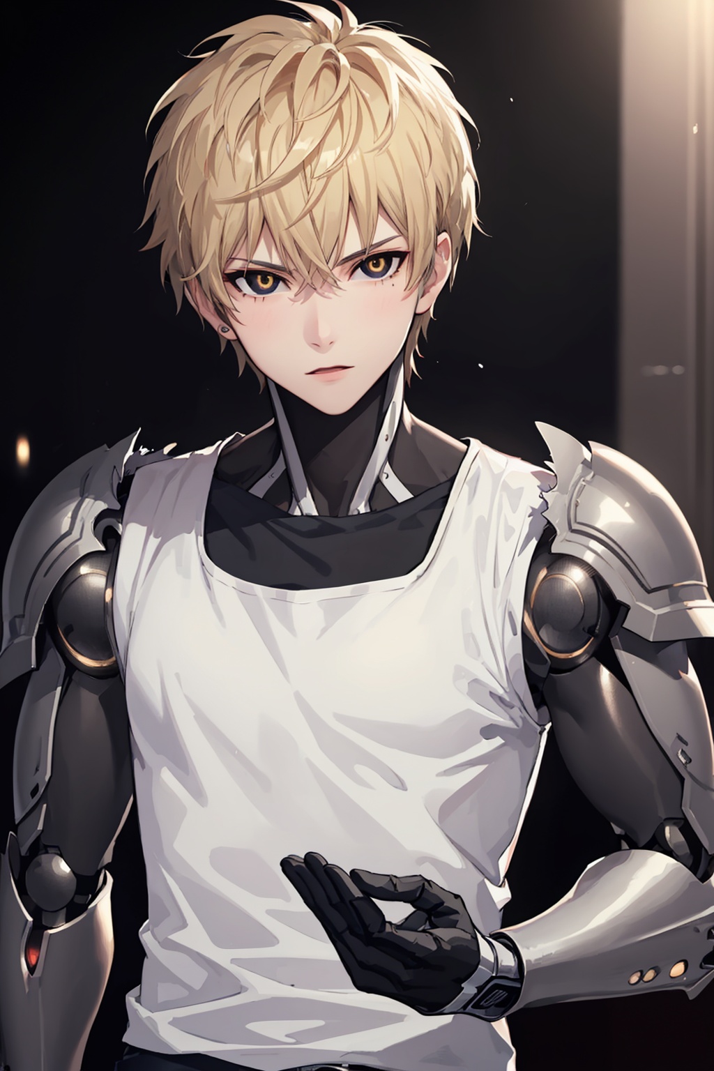 masterpiece,best quality, highly detailed, genos,black sclera,cyborg,male focus,1boy,solo,looking at viewer,<lora:genos:1>