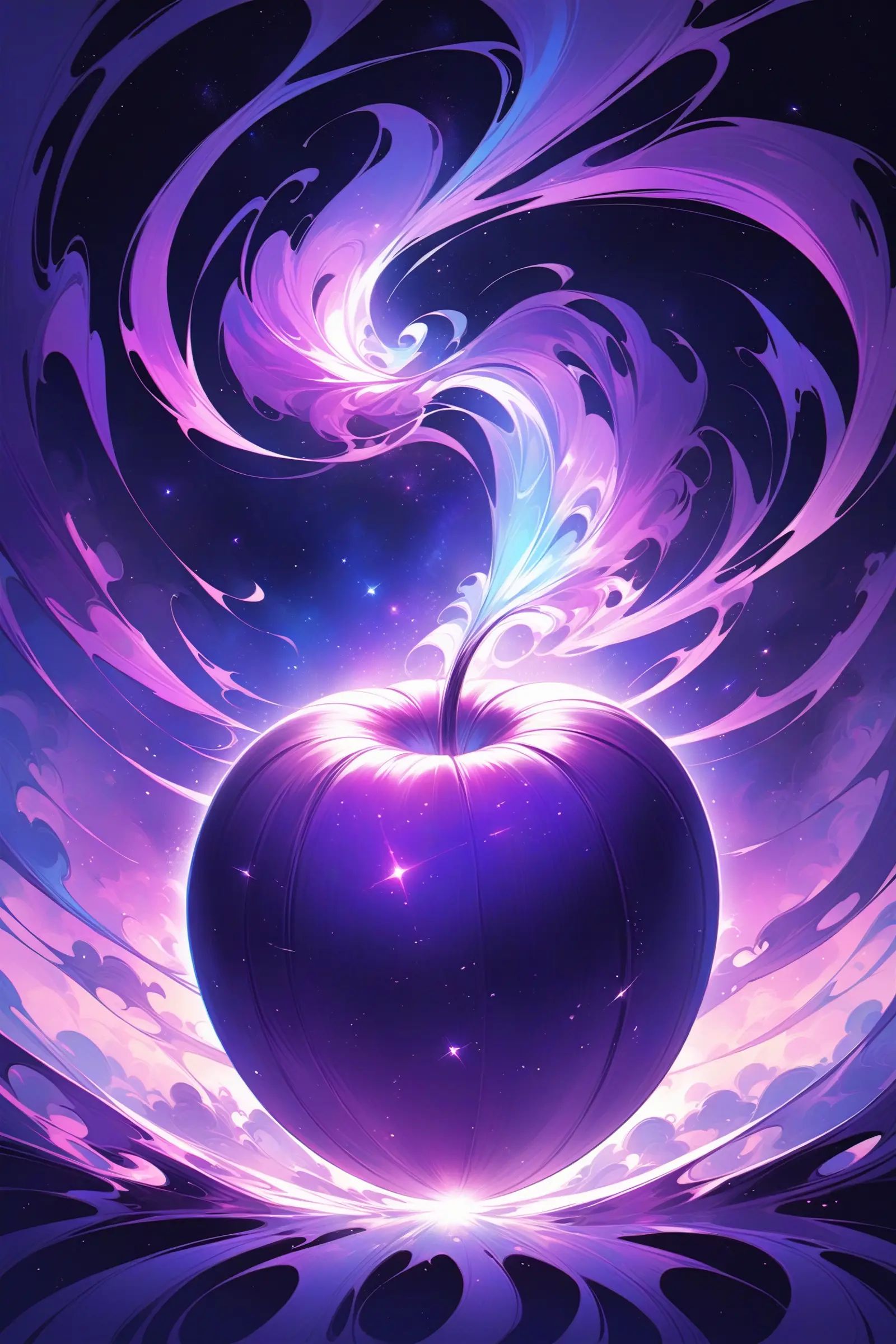 Gigantic apple crashing into ground with surrounding galaxies,  Vibrant and surreal colors with emphasis on blues and purp...