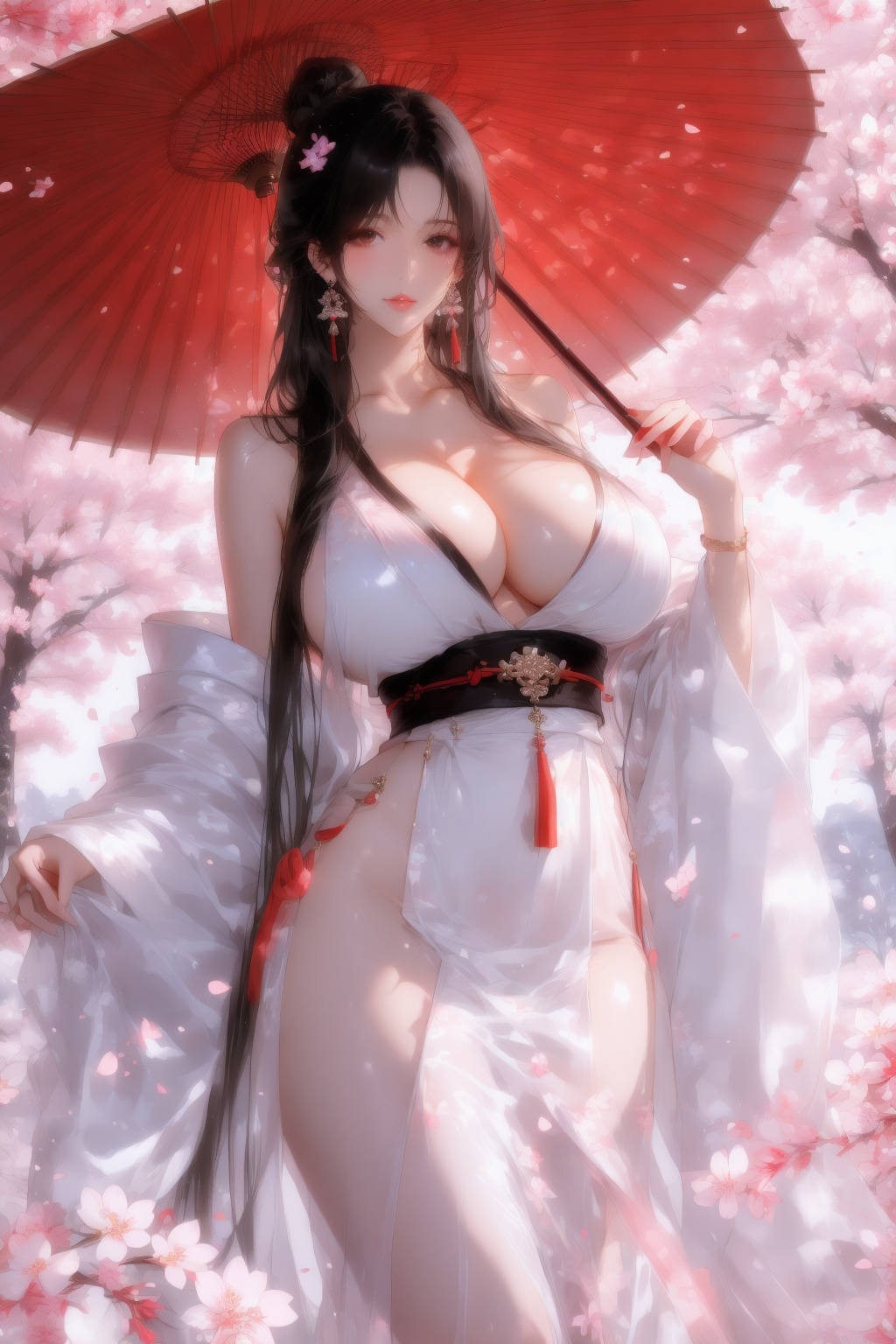 <lora:01仙媳第一版:1>,1girl,umbrella,long hair,breasts,solo,black hair,jewelry,earrings,large breasts,tree,holding,holding umbrella,cleavage,petals,cherry blossoms,looking at viewer,outdoors,oil-paper umbrella,dress,bare shoulders,white dress,falling petals,sash,