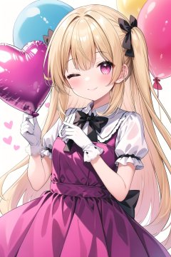 1girl, solo, long hair, looking at viewer, blush, smile, bangs, blonde hair, gloves, white background, dress, bow, holding, very long hair, closed mouth, short sleeves, hair bow, heart, one eye closed, puffy sleeves, white gloves, two side up, puffy short sleeves, hands up, black bow, pink bow, pink dress, ;\), balloon, holding balloon, heart balloon