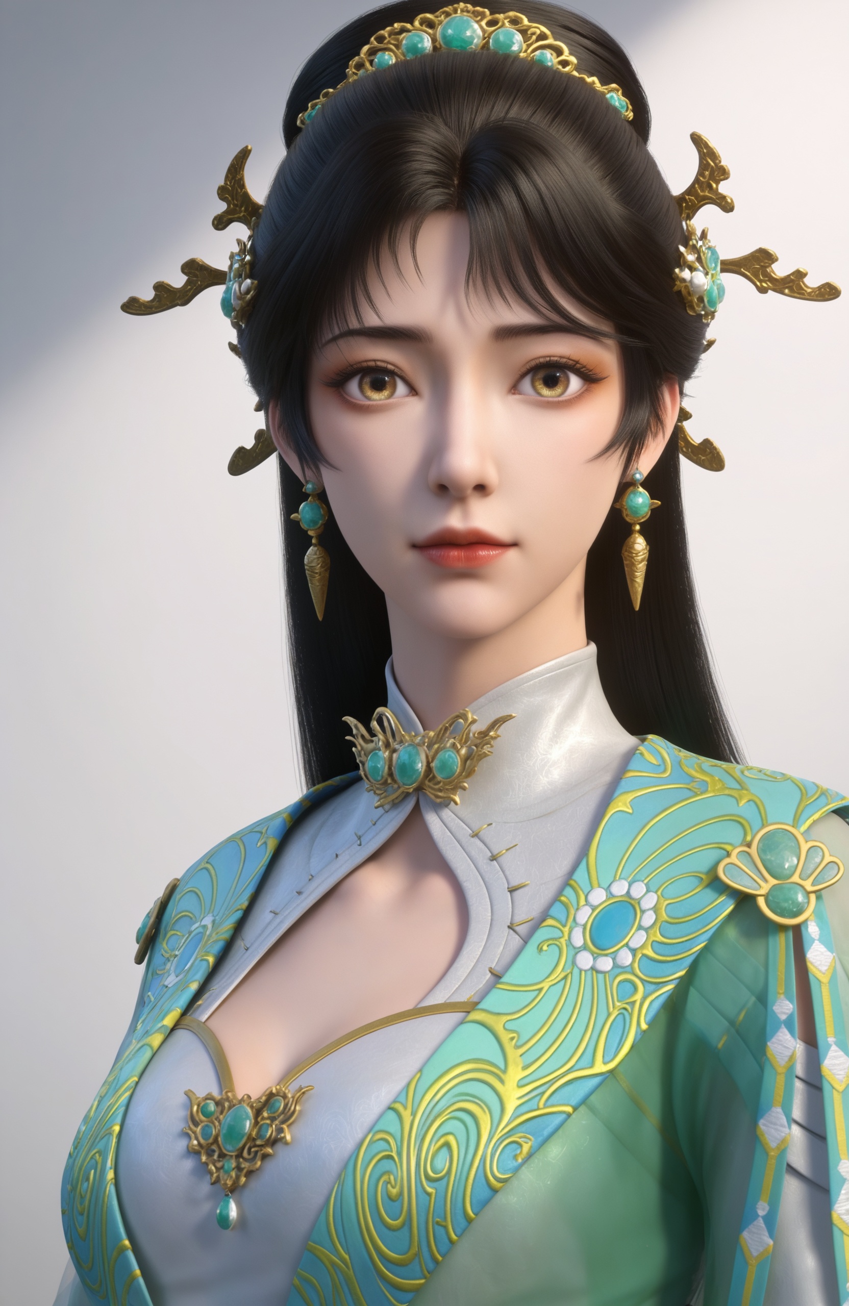 realistic style photo,outstanding style,Use soft lighting to cast gentle shadows on the subject,adding a touch of dimension to your images without compromising details,whirls of vapor,(Anime:1.1),soft neon light,ethereal ambiance,delicate details,magical atmosphere,concept art,highly detailed,ultra-high resolution,32K UHD,sharp focus,best-quality,masterpiece,golden hour,unconventional supreme masterpiece,masterful details,temperate atmosphere,with a high-end texture,in the style of fashion photography,magazine style,Dynamic Angle,Dynamic posture,magazine style,Dynamic Angle,Dynamic posture,(cowboy_shot:1.2),eye trail,depth of field,cinematic lighting,lens flare,extreme aesthetic,(wlop:0.6),(honjou raita,lack,rella,wanke:0.5),masterpiece,best quality,good quality,newest,very aesthetic,absurdres,Visual impact,A shot with tension,ultra-high resolution,32K UHD,sharp focus,best-quality,masterpiece,Emotionalization,unconventional supreme masterpiece,masterful details,temperate atmosphere,with a high-end texture,in the style of fashion photography,(Visual impact:1.2),giving the poster a dynamic and visually striking appearance <lora:九阳武神-苏青洛pony:0.7> 1girl, black hair, long hair, hair ornament, jewelry, hair bun, green dress, long sleeves, cleavage cutout, sash, white footwear, chinese clothes, earrings, realistic style,white background,upper body,looking at viewer,dynamic posture,