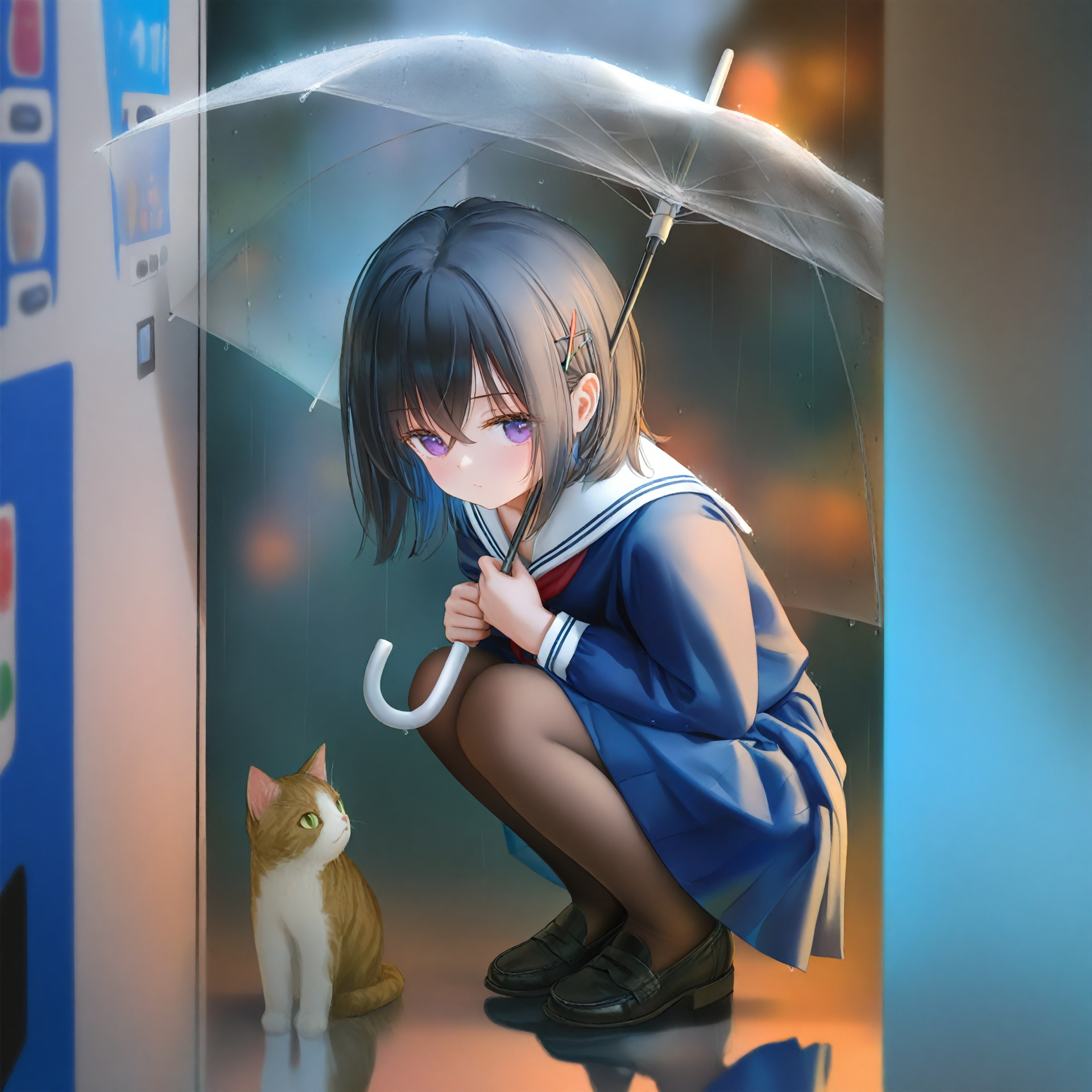 masterpiece,best quality,high quality,loli,(Artist chen bin:1.5),(Artist agwing86:1.3),(Artist aki99:0.6),(artist:ningen_mame:0.9),(artist:sho_(sho_lwlw):0.9),(artist:rhasta:0.9),(artist:wlop:0.7),(artist:ke-ta:0.6),(fkey:0.5),(hiten \(hitenkei\):0.6),(Artist sousouman:0.2),loli,loli,vending machine,1girl,squatting,cat,transparent,umbrella,pantyhose,transparent umbrella,school uniform,holding umbrella,holding,hair ornament,skirt,purple eyes,sailor collar,serafuku,blue skirt,looking at viewer,white sailor collar,neckerchief,rain,black pantyhose,black footwear,red neckerchief,shirt,pleated skirt,black hair,loafers,x hair ornament,shoes,long sleeves,outdoors,solo,blue shirt,blue serafuku,medium hair,hair between eyes,hairclip,animal,closed mouth,crossed bangs,blurry,blush,reflection,blue hair,blurry background,full body,reflective floor,short hair,water drop,