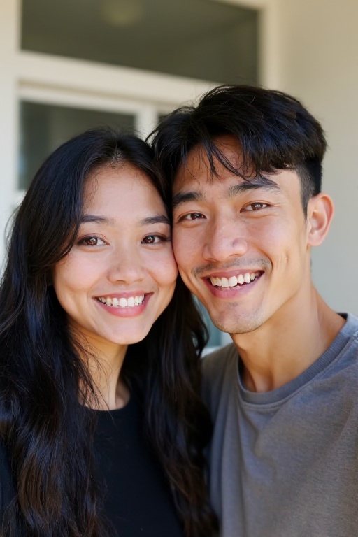 <lora:20250521_AgainMouthSizeF1Lora:-1>,This is a photograph of a young couple posing for a selfie indoors. The woman, with long black hair, wears a black top. The man, with short dark hair, is in a shirt. The background is outdoors.