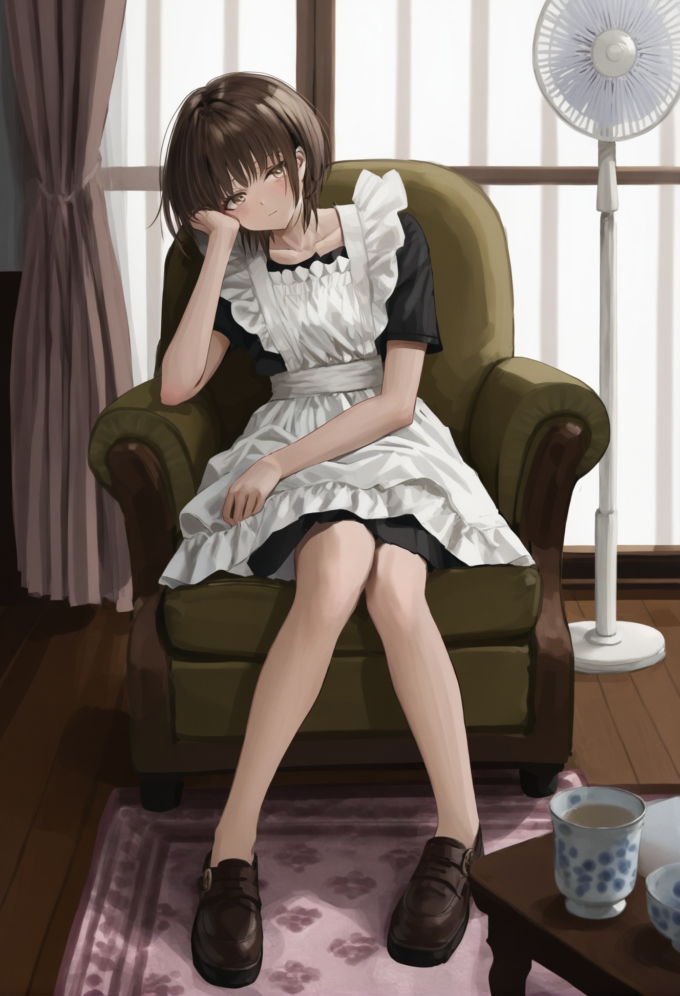 1girl,    solo, apron, brown hair, sitting, electric fan, maid, indoors, short hair, maid apron, brown eyes, short sleeves, bangs, dress, looking at viewer, white apron, closed mouth, chair, black dress, couch, head rest, hand up, hand rest, bored, collarbone, full body, waist apron, :/, black bowtie, bow, table, blush, wooden floor, hand on own face, elbow rest, black bow, curtains, bowtie, brown footwear, buttons, masterpiece, best quality <lora:GUXLlokr8f-000183:0.95>