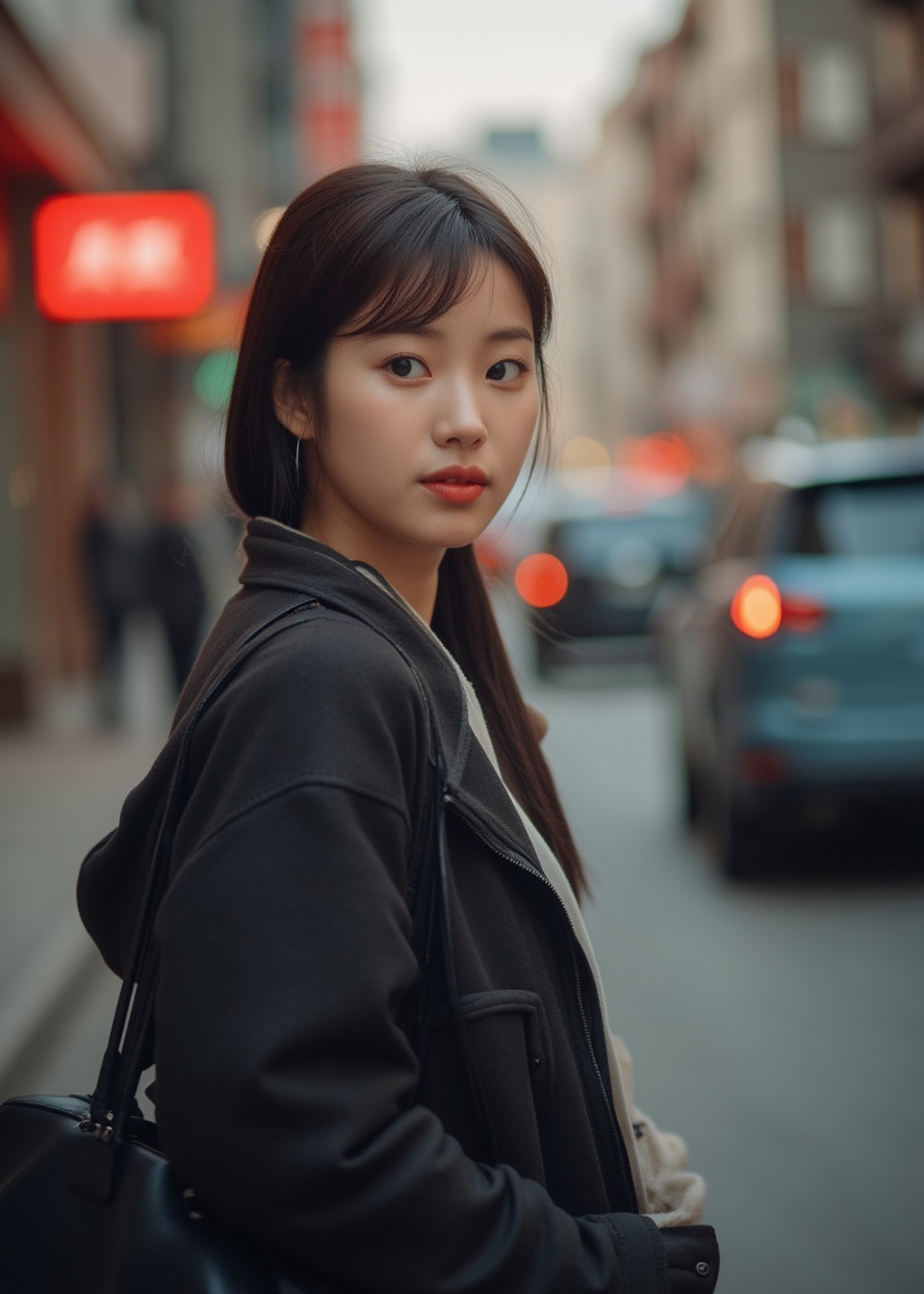 This is a young Asian woman,22 years old,Warm Atmosphere,It's in the street background,