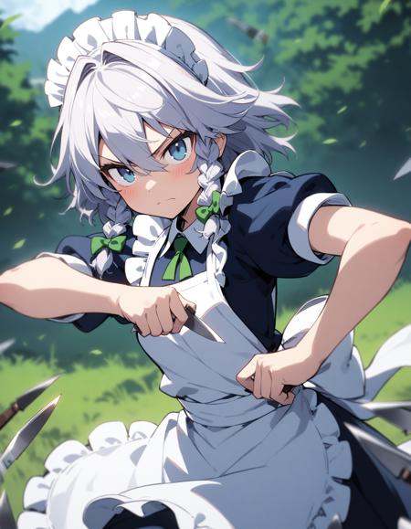 1girl, izayoi sakuya, touhou, solo, maid headdress, maid, apron, short sleeves, dress, closed mouth, white apron, looking at viewer, maid apron, puffy short sleeves, frills, puffy sleeves, black dress, frilled apron, hair between eyes, outdoors, blush, throwing knives, knives, serious face, upper body, masterpiece, best quality, very aesthetic, absurdres