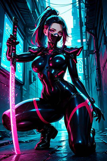 masterpiece,best quality,amazing quality,very aesthetic,absurdres,newest,huge filesize,Cyberpunk samurai woman squatting with glowing katana showing runes,Wearing futuristic armor with purple neon accents and red cloth,Hair in ponytail with face mask,Dark alley setting with blue lighting,detailed character design.,athletic body,athletic chest,narrow waist,narrow hips,holding sword,on one knee,