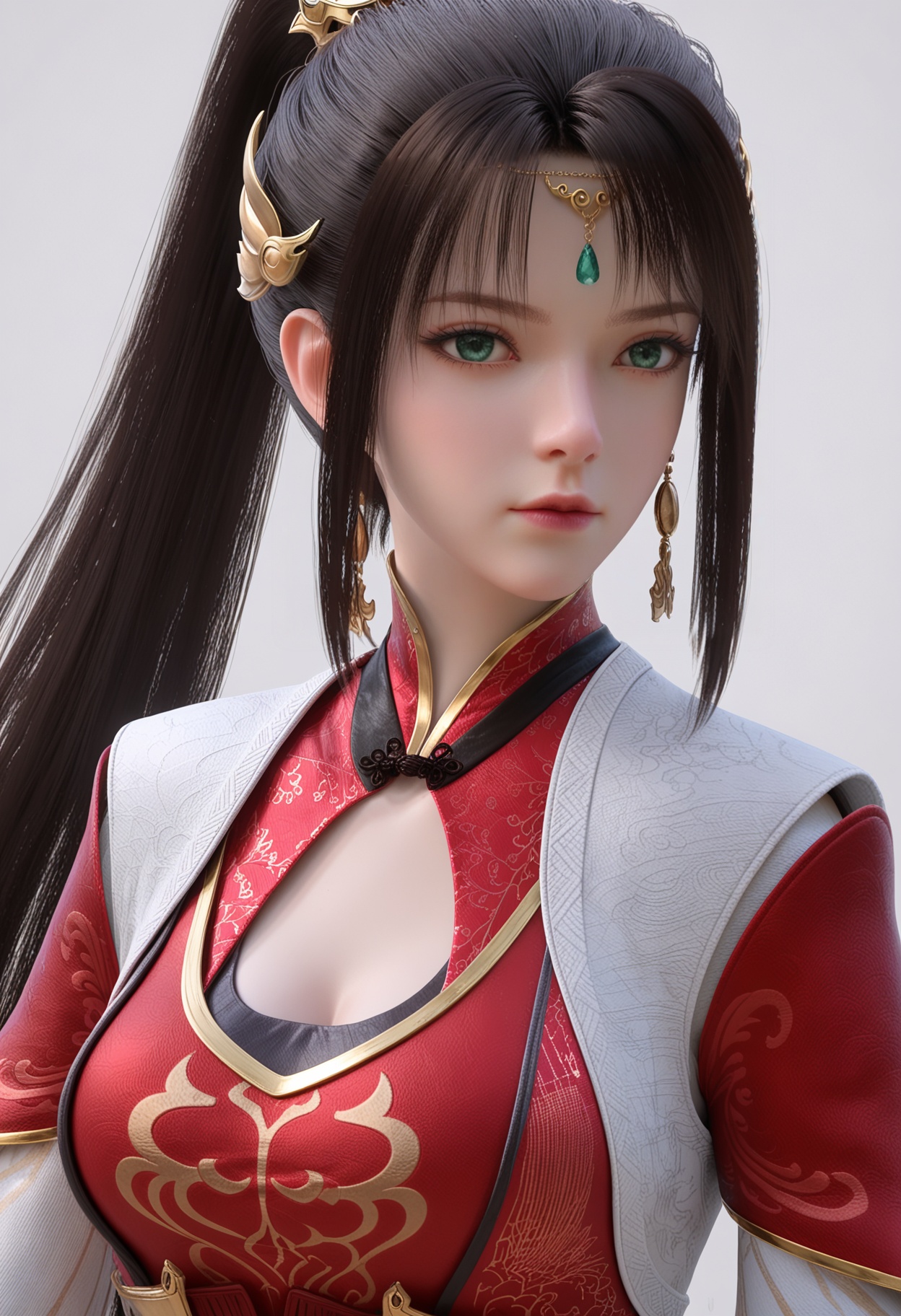 score_9,high detail,best quality,cinematic lighting,volumetric lighting,shiny skin,shiny,nanmingyushu,1girl,solo,green eyes,black hair,hair ornament,white background,jewelry,long hair,dress,simple background,ponytail,closed mouth,red dress,realistic,earrings,chinese clothes,clothing cutout,cleavage cutout,forehead jewel,breasts,expressionless,looking at viewer,upper body,<lora:Pony_DetailV2.0:0.8>,<lora:皮肤凹痕:0.1>,<lora:QQSponynanmingyushuV1:0.8>,