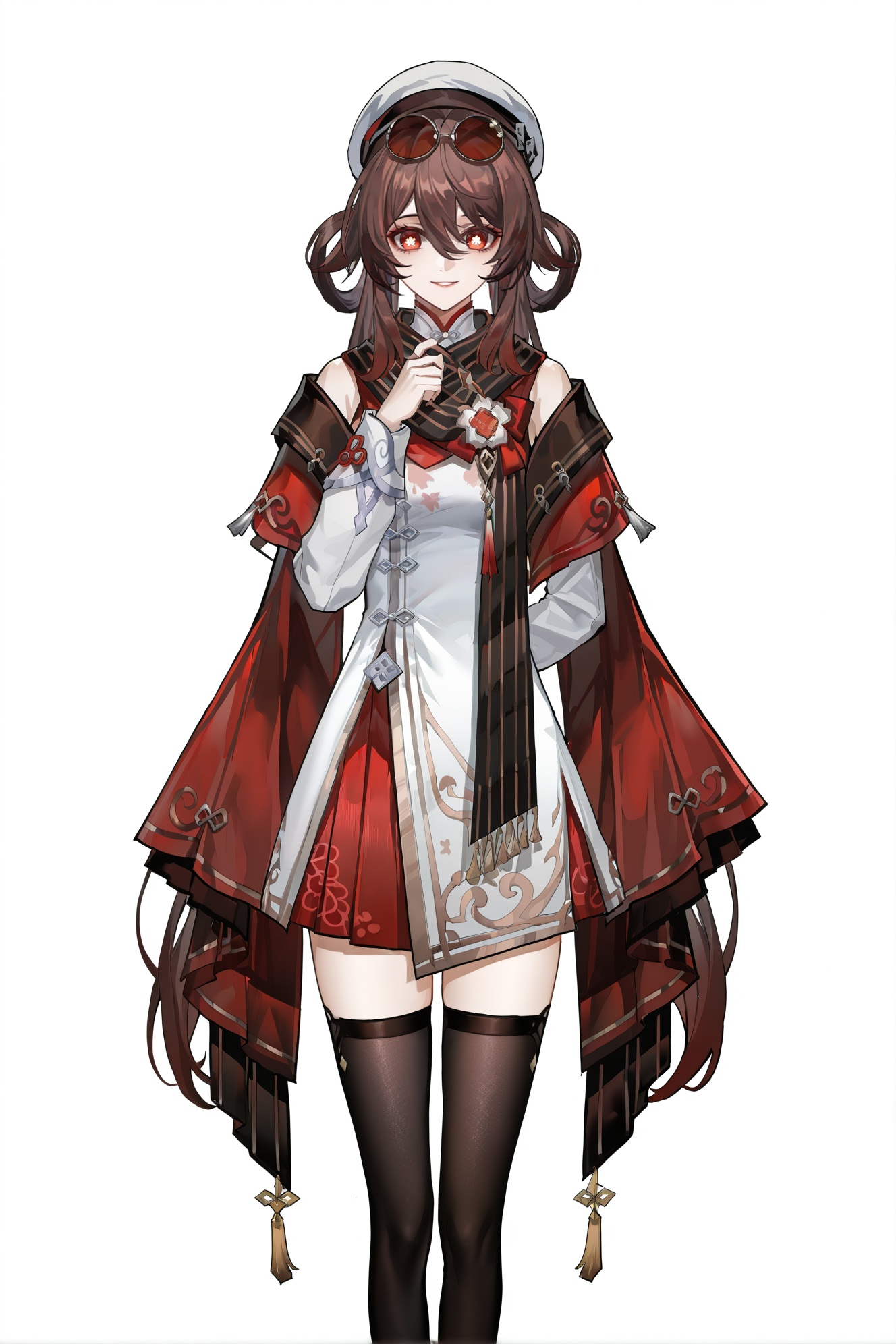 masterpiece,best quality,<lora:wqmt-gnoob-Tanger:0.8>,Path to Nowhere  \(video game\),game CG,white background,<lora:huxiang-noob-Tanger-000014:0.8>,hu tao \(cherries snow-laden\) \(genshin impact\),clothes:cherries snow-laden,flower-shaped pupils,1girl,hat,long hair,symbol-shaped pupils,scarf,hair rings,black thighhighs,red eyes,sunglasses,brown hair,long sleeves,zettai ryouiki,hair between eyes,