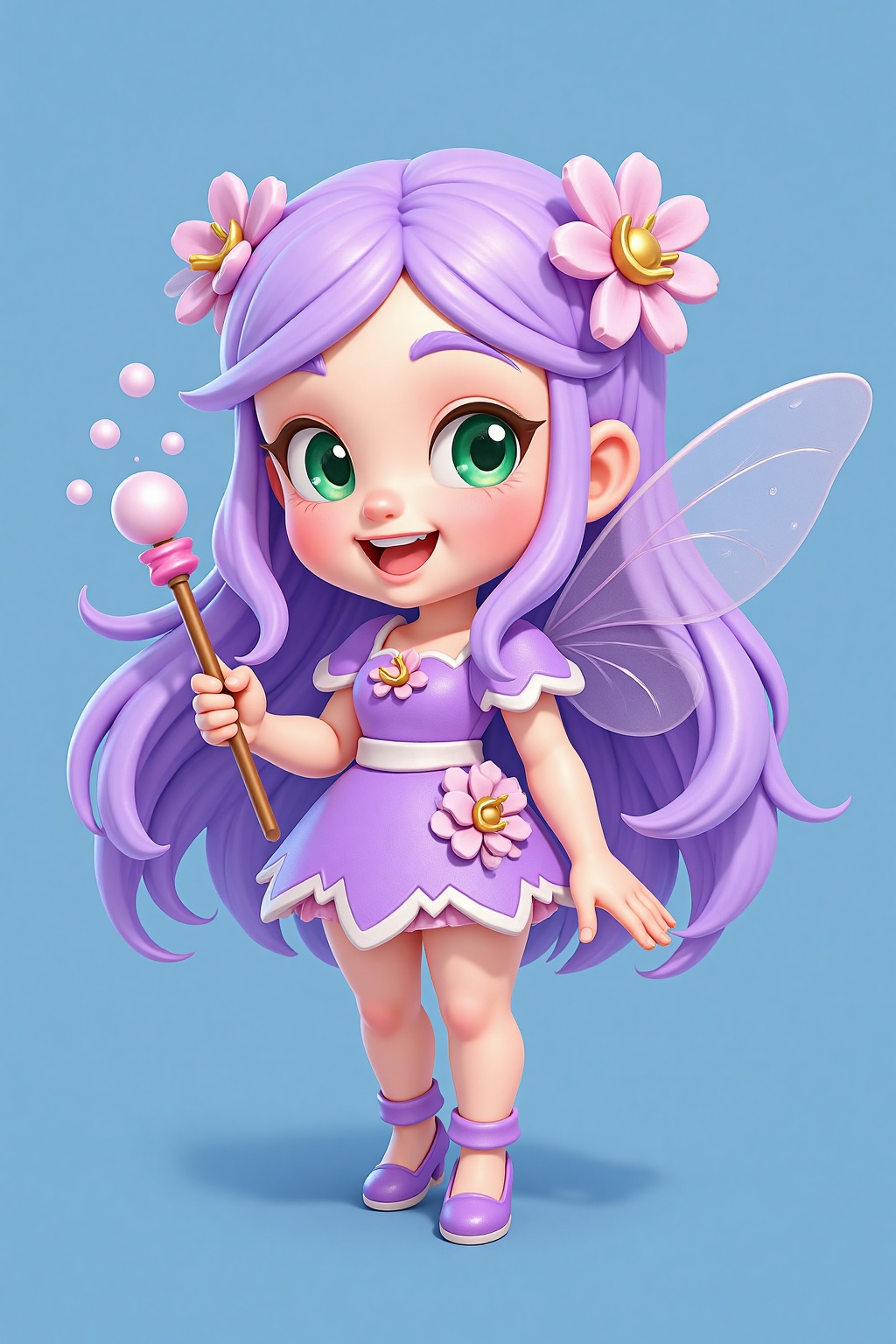 3D,A digital illustration of a chibi-style character with long lavender hair, green eyes, and a pair of fairy wings. The character wears a whimsical, flower-adorned outfit with a matching wand, sprinkling fairy dust. They have a joyful, sparkling expression. The style evokes enchanted anime and fairy character designs. set against a solid blue background.,