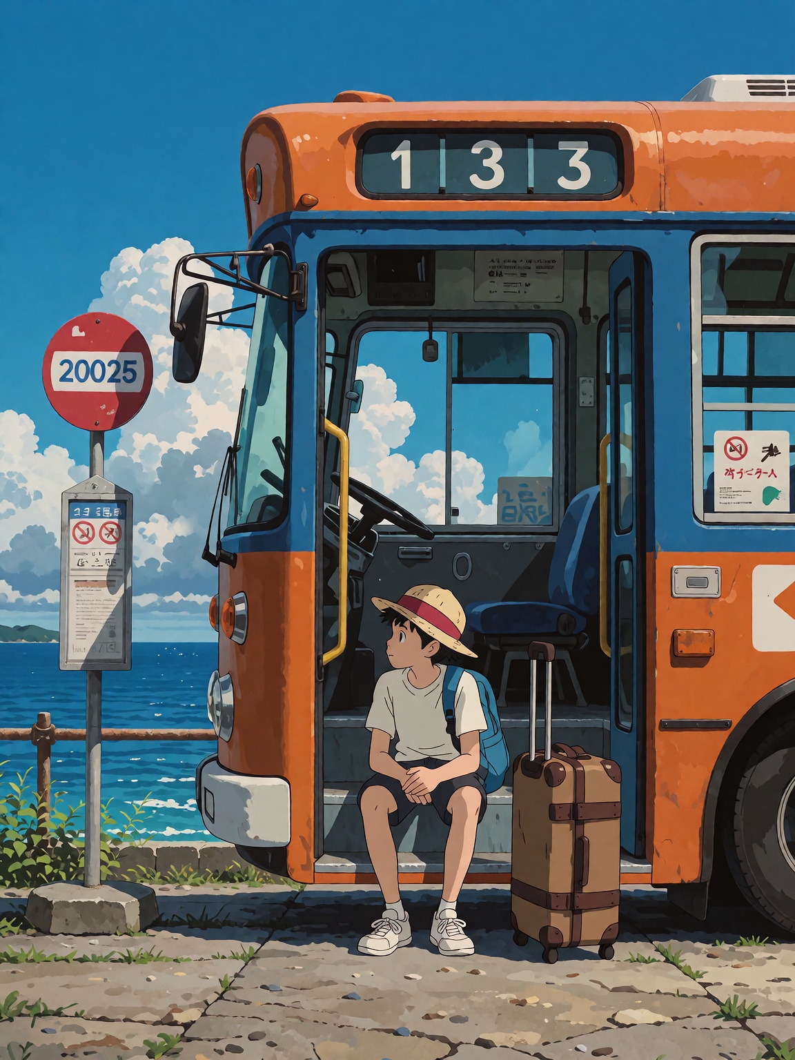 on the seaside,  there is an orange and blue bus stop with three numbers on it and white clouds in the sky. a boy wearing...