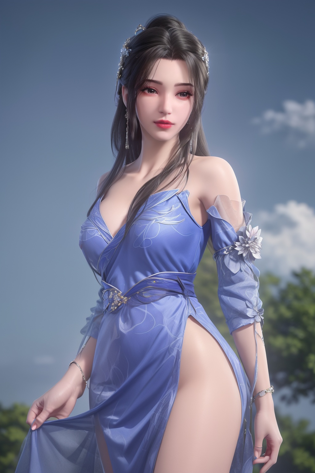 photo_\(medium\),(8k, RAW photo, best_quality),(masterpiece:1.2),(realistic:1.2),(photorealistic:1.3),(ultra-detailed),(extremely_detailed_cg_8k_wallpaper),(crystal_texture_skin:1.3),(shiny:1.2),(shiny_skin:1.4),(extremely_delicate_and_beautiful),shenfengLiMuWanFirstClothing,1girl,solo,dress,torogao,lips,breasts,large breast,chinese clothes,thighs,cloud,bottomless,standing,jewelry,hair ornament,earring,realistic,looking at viewer,<lora:shenfengLiMuWanFirstClothing_20240621233506-000004:0.7>,