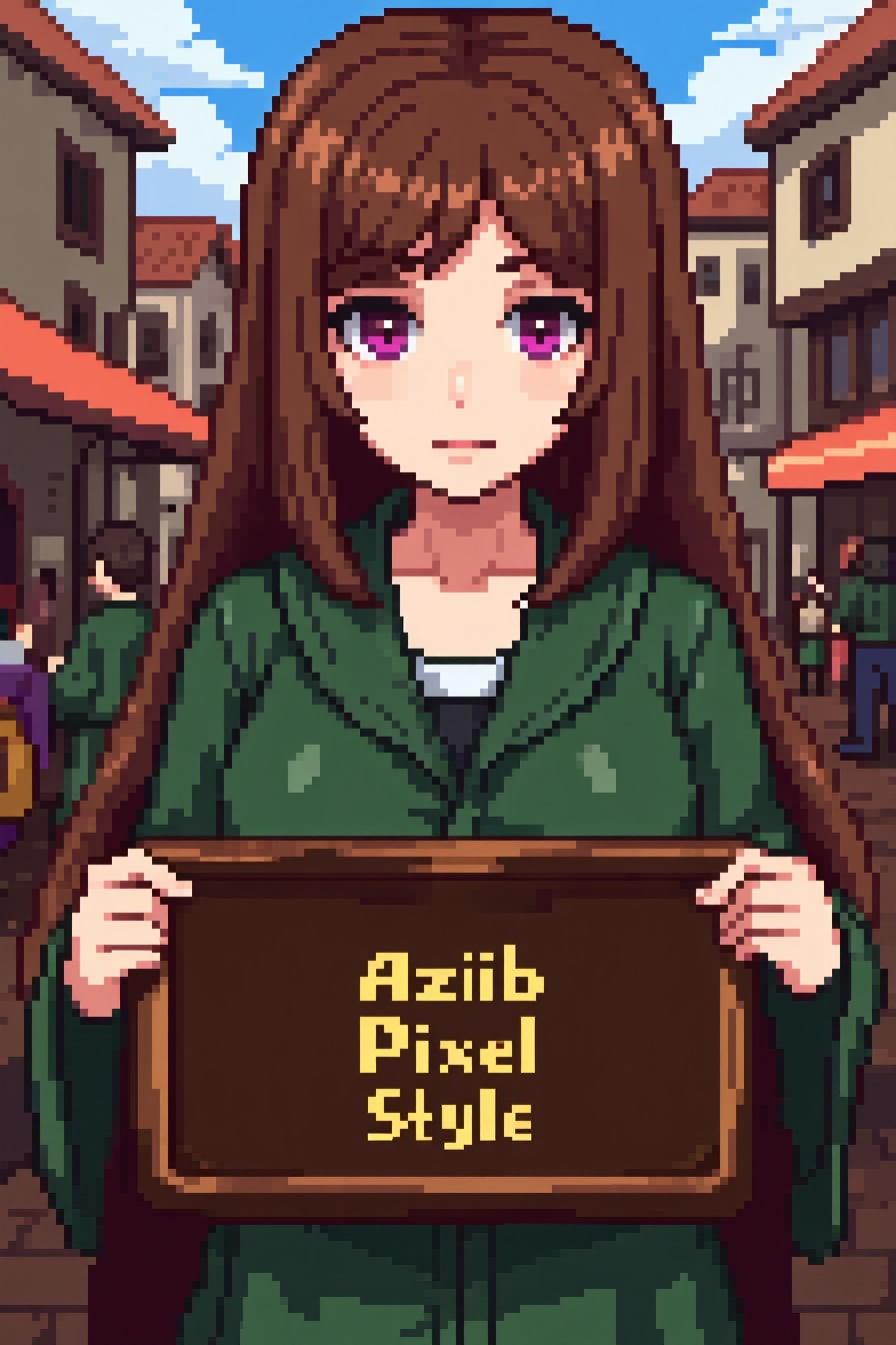 in the style of aziib_pixel. pixel art of female portrait with brown hair,  wearing closed green robes,  pink eyes on Tens...