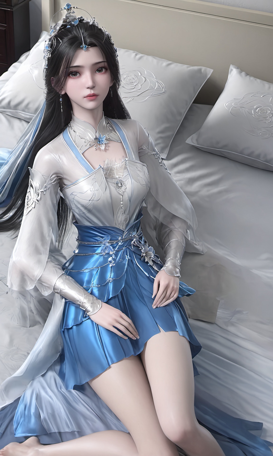 Limuwan,front view of a girl with long black hair wearing white tulle and  blue long skirt,lying on bed,bare legs,side face,highly detailed,ultra-high resolutions,32K UHD,best quality,masterpiece,reflective,<lora:Limuwan>,in the bedroom,