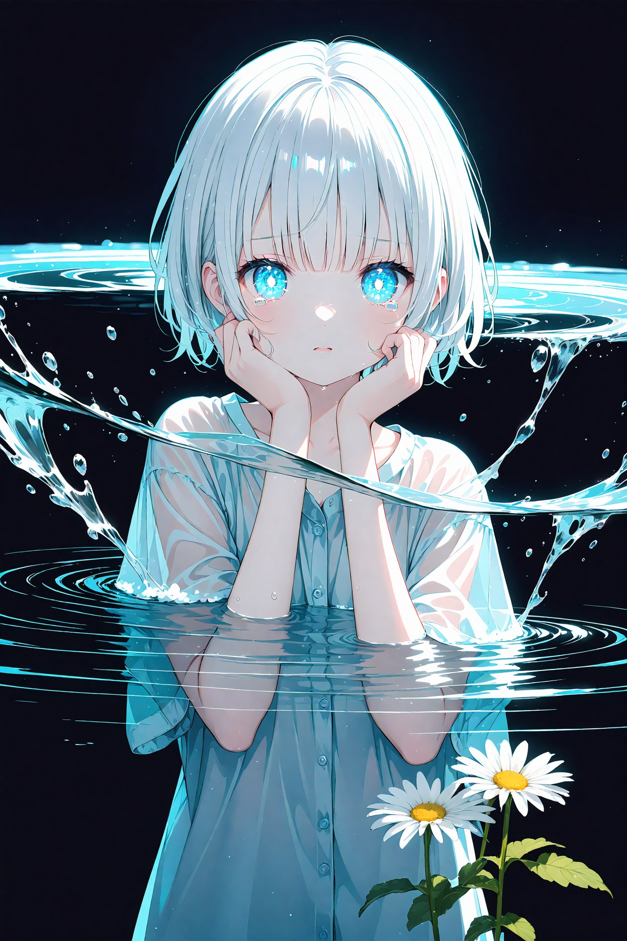 (masterpiece),(best quality),illustration,ultra detailed,hdr,Depth of field,(colorful),loli,(chromatic aberration),(beautiful young female:1.4),(streaming tears),sad,(daisy),(daisy),(daisy),looking at viewer,partially submerged,both hands on own cheek,{see-through long shirt},{no bra},(white hair, short hair, bangs:1.2),(glowing eyes),ripples,dark water,black background,(prismatic),