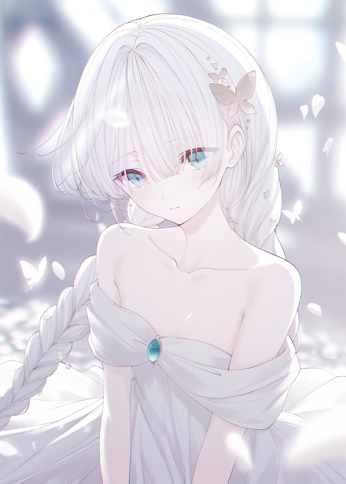 masterpiece,highres,absurdres,newest,best quality,loli,petite,high quality,chromatic_aberration,shiny_skin,//,1girl,butterfly,bug,dress,solo,white_hair,braid,long_hair,hair_ornament,white_dress,petals,anastasia_\(fate\),closed_mouth,collarbone,white_butterfly,jewelry,falling_petals,blurry,flower,butterfly_hair_ornament,brooch,off_shoulder,blue_butterfly,blurry_background,off-shoulder_dress,bare_shoulders,upper_body,//,<lora:aestivation——【noob】hans:1>,