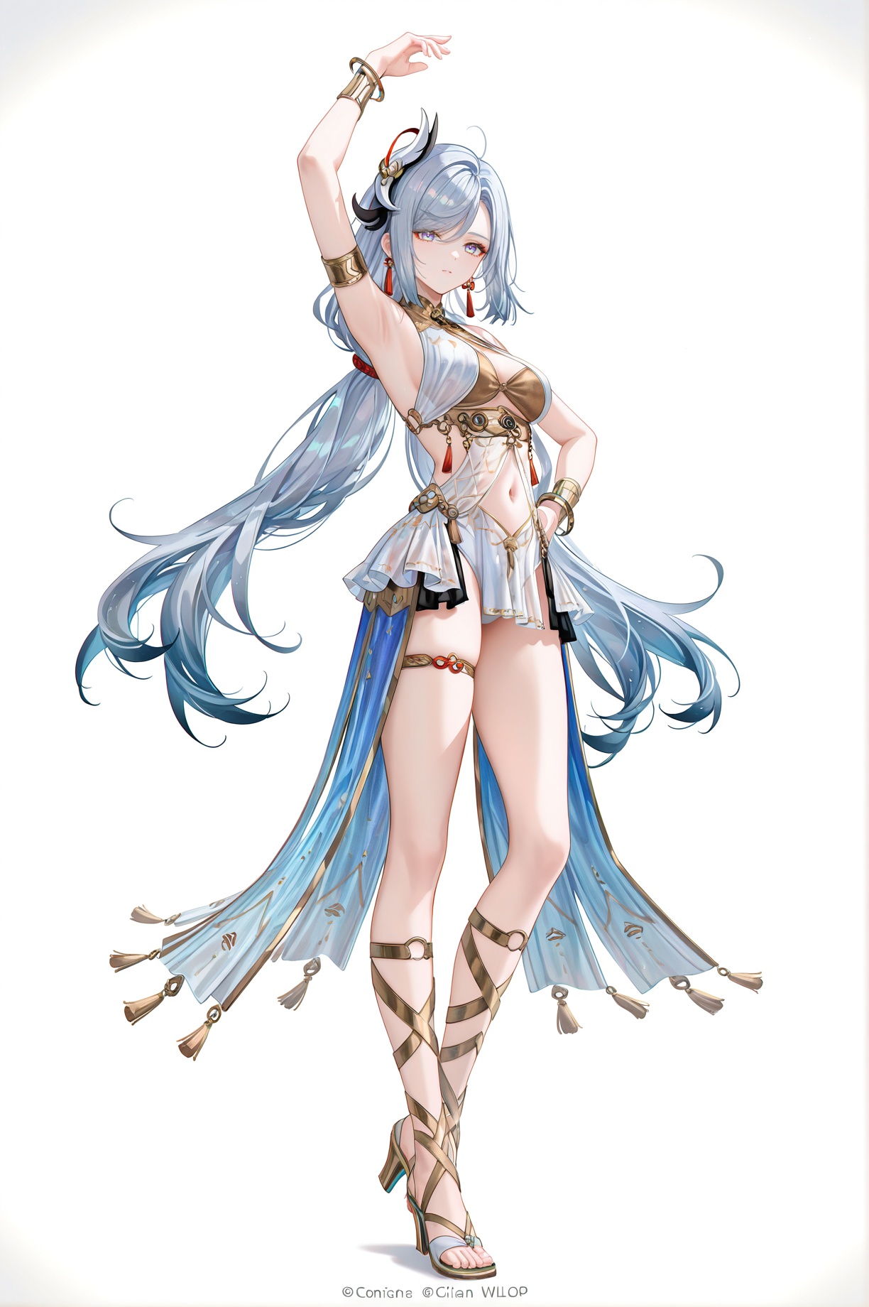 8k,best quality,masterpiece,(ultra-detailed),(high detailed skin),((artist:reoen),(artist:fuzichoco),(artist:atdan),(artist:torino_aqua),year 2024:0.8)1girl,[artist:wlop],[artist:ningen_mame],artist:ciloranko,[[artist:rhasta]],artist:tidsean,colorful,jijia,2d,ambient light,full body,full shot,standing,looking at viewer,(solo:1.2),simple background,(white background:1.2),hand on own hip,(white background:1.1),<lora:Luno-ill-Tanger:0.8>,shenhe \(genshin impact\),grey hair,clothes: Lunodef Exotic white dance costume,Lunodef gladiator sandals,Lunodef dress,bracelet,armpits,jewelry,
