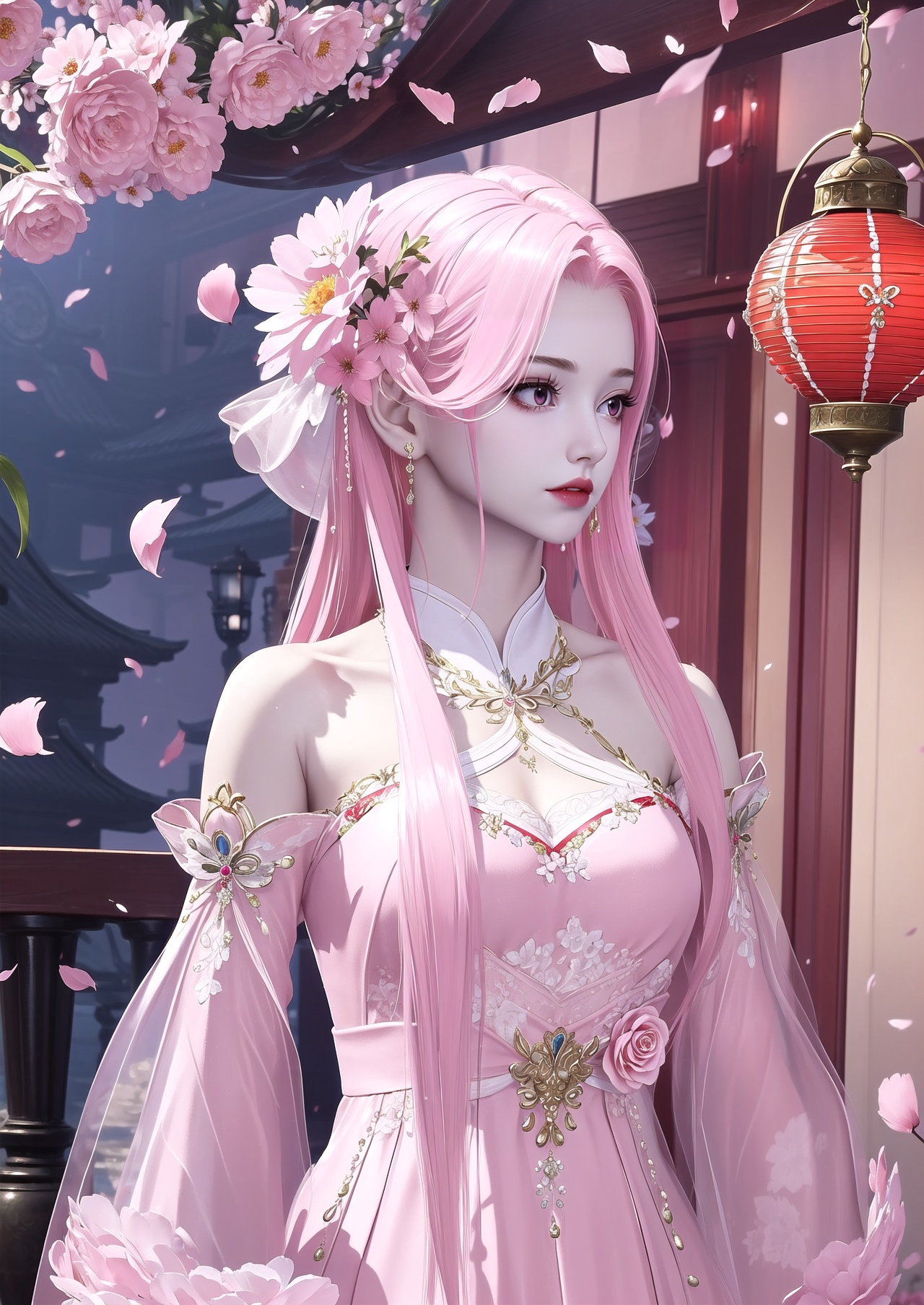masterpiece,best quality,1girl,hair ornament,long hair,flower,pink hair,solo,dress,jewelry,night,lantern,petals,looking to the side,hair flower,see-through sleeves,