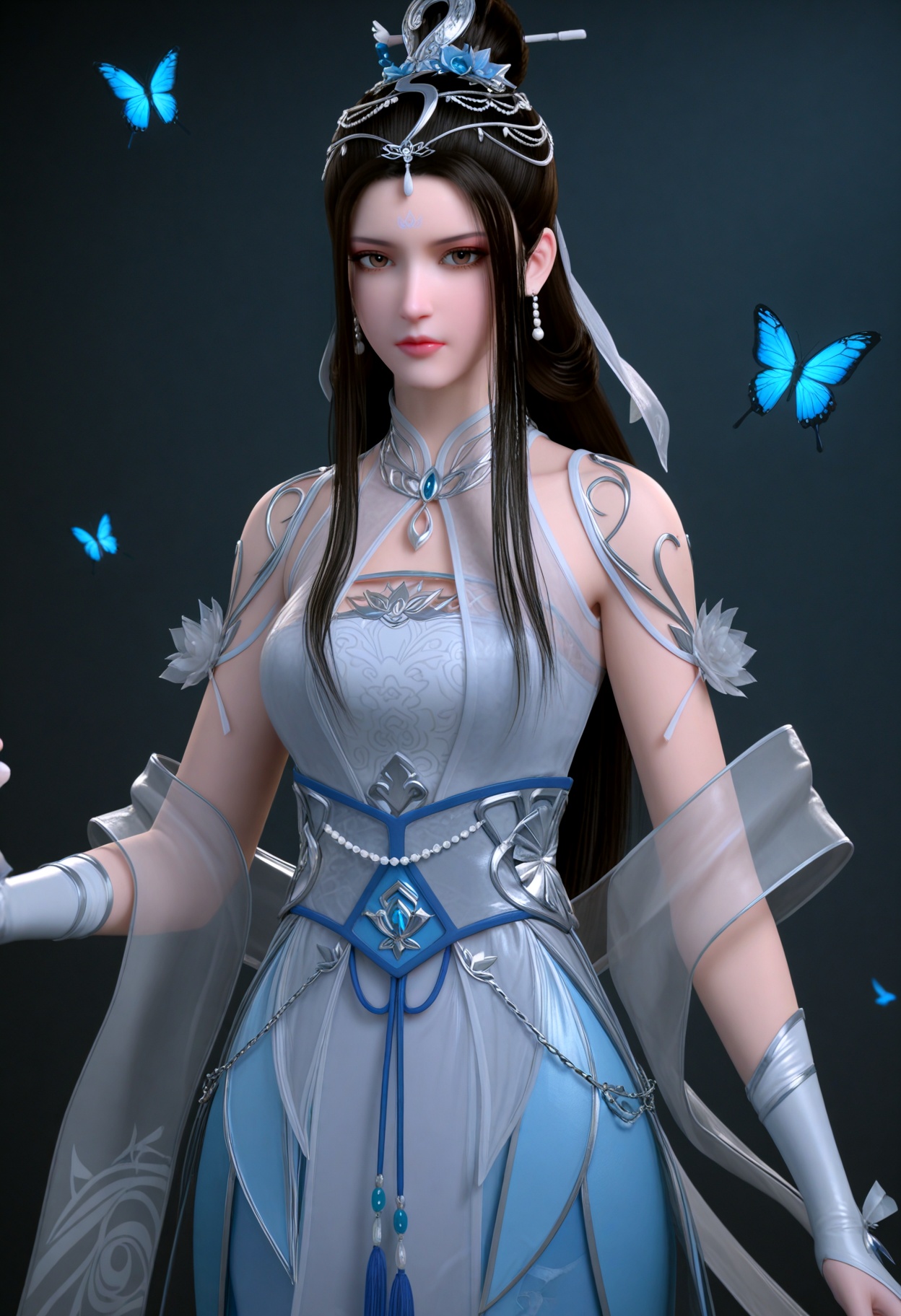 upper_body,(gigantic breasts:0.6),(slender:1.3),(looking_at_viewer:1.1),(masterpiece:1.1),(best quality:1.2),(intricate details),(smog:1.3),(Dark room:1.3),(dim lighting:1.3),<lora:YQ_Illustrious光辉v5_绫清竹_V1:0.8>,q1528437228,1girl,solo,black_hair,long_hair,hair_ornament,dress,jewelry,earrings,white_dress,hair_bun,forehead_mark,facial_mark,chinese_clothes,single_hair_bun,sash,blue_dress,bare_shoulders,see-through,brown_eyes,brown_hair,flower,gloves,anklet,necklace,tiara,detached_sleeves,gawr_gura,virtual_youtuber,butterfly,tassel,tattoo,white_gloves,armor,masterpiece,(best quality),(intricate details:0.9) BREAK (intricate details:0.9),(realistic skin:1.2),masterpiece,best quality,newest,absurdres,hiahres,