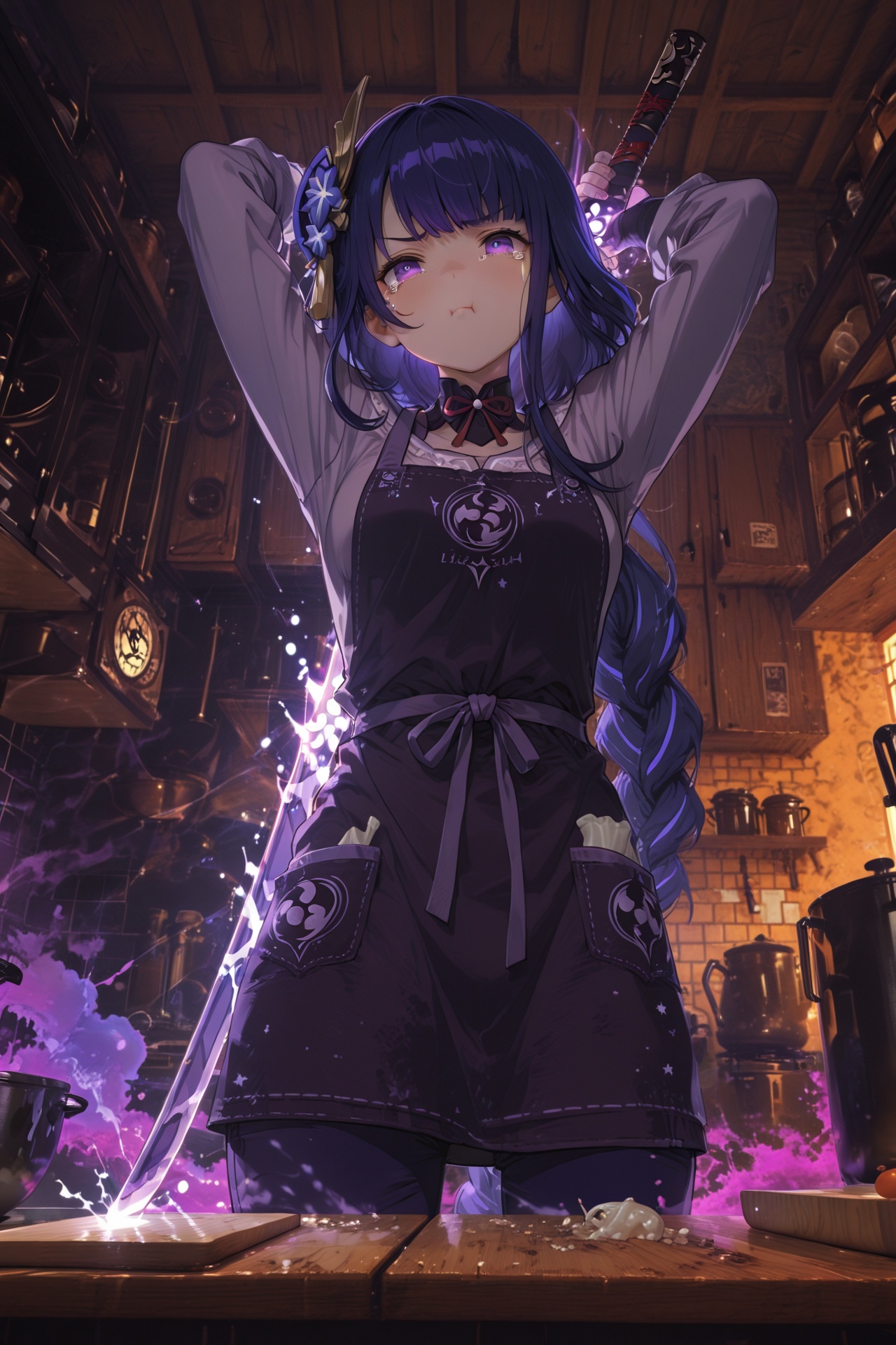 masterpiece,best quality,amazing quality,very aesthetic,absurdres,newest,highres,raiden shogun,pout,tears,tearing up,musou isshin \(genshin impact\),holding weapon,orange,kitchen,cutting board,facing viewer,arms up,lighting effect,purple lighting,cowboy shot,apron,purple pants,from below,open eyes,arm behind head,clenched hand,colored smoke,