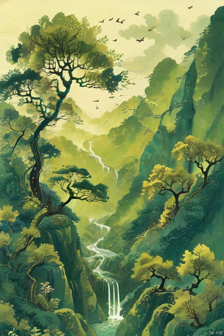 DMajic, (Chinese Embroidery:1.2), (Embroidered Texture:1.1), (Silk Gloss:1.1), Lushan Mountain, (Waterfall:1.2), China, with its rolling mountains, steep peaks, clouds fluttering on the mountain, temples on the mountainside, dense forests and lush meadows, and rivers sparkling in the sun. Illustration by Victo Ngai. Light green, dark green, white,ink painting, light and definition resolution, wallpaper, rich artistic colors<lora:EMS-307144-EMS:0.800000>