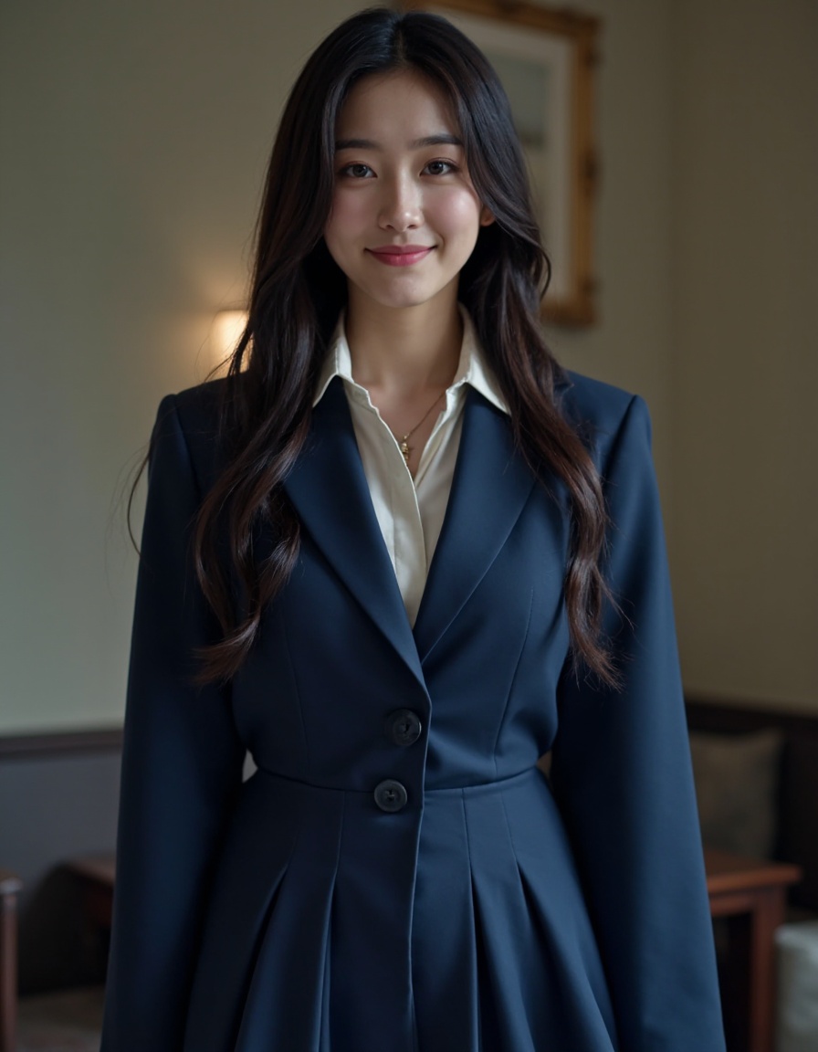 HDR photo of cinematic film still, 1girl, smirk, solo, long hair, jewelry, necklace, long sleeve dress, blue suit, white collared shirt, pleated dress, short skirt, looking at viewer, dress, pale skin, full body,