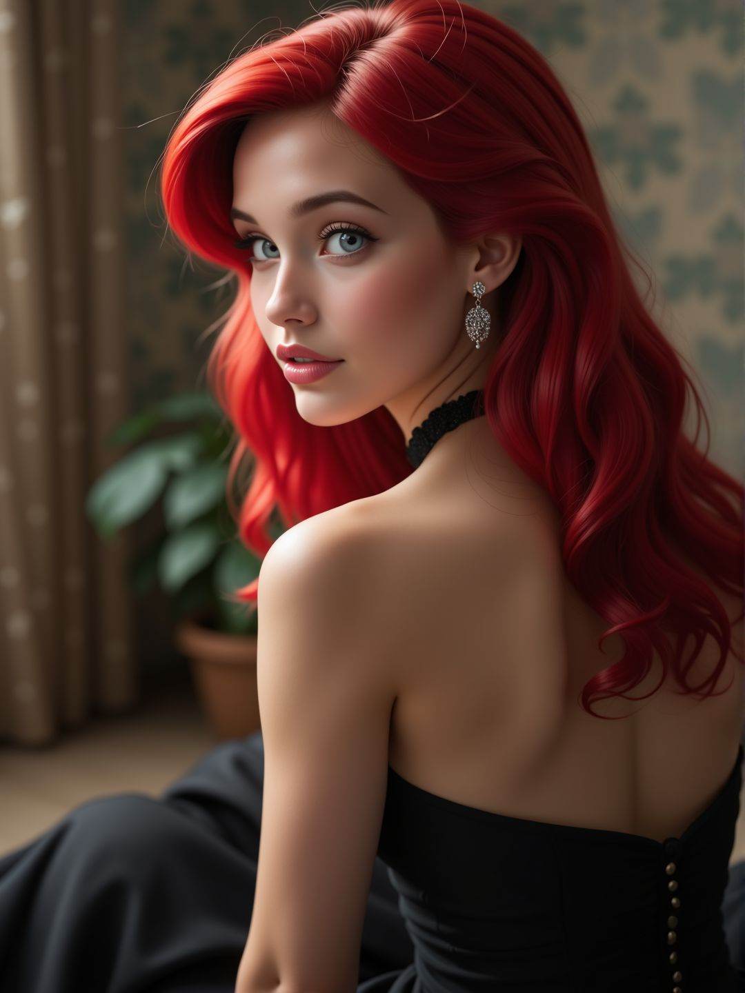 A close shot behind a sit young woman. The angle is close to her butt. The angle is low. She wears an elegant black dress,...